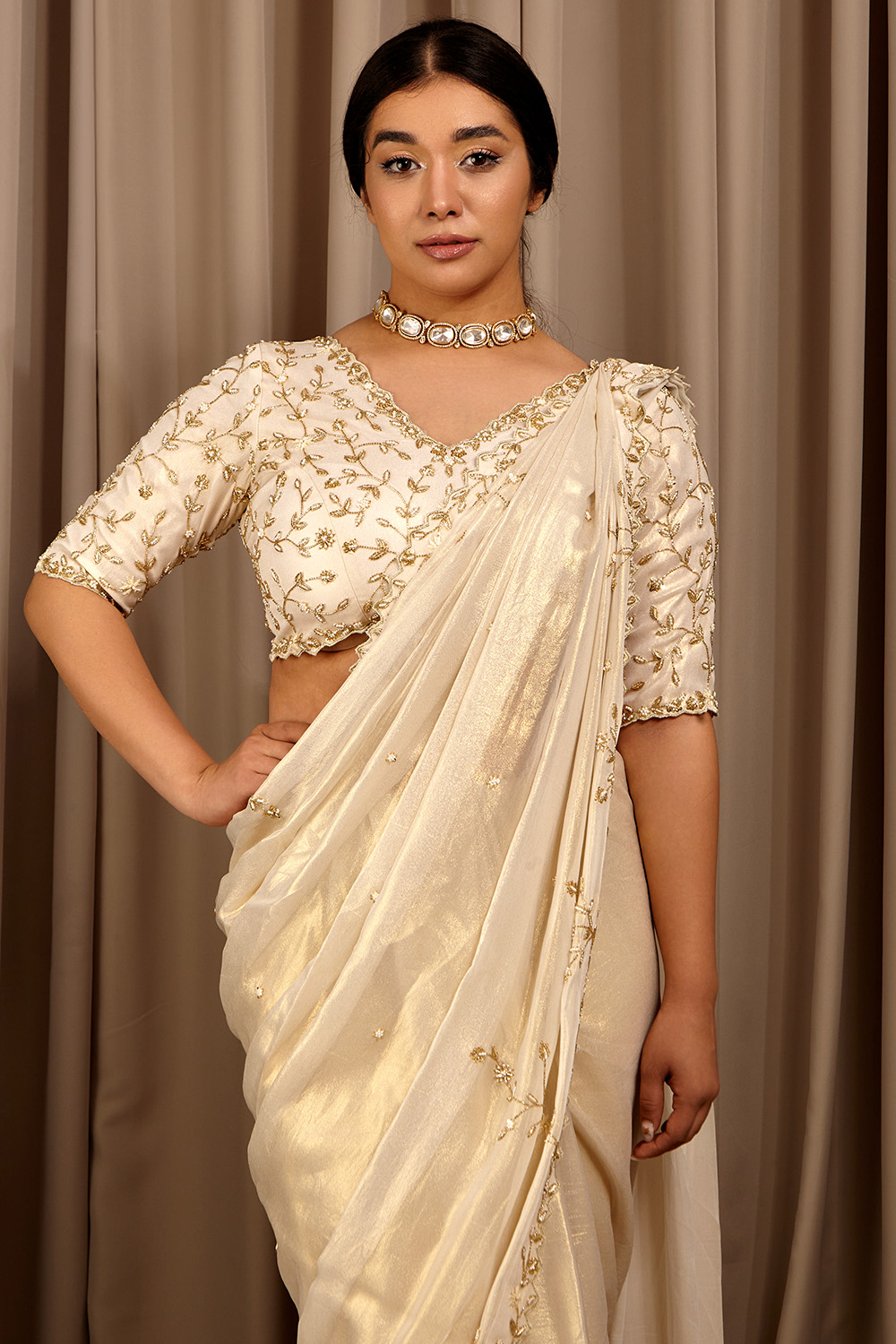 Off-White Coloured Embroidered Saree
