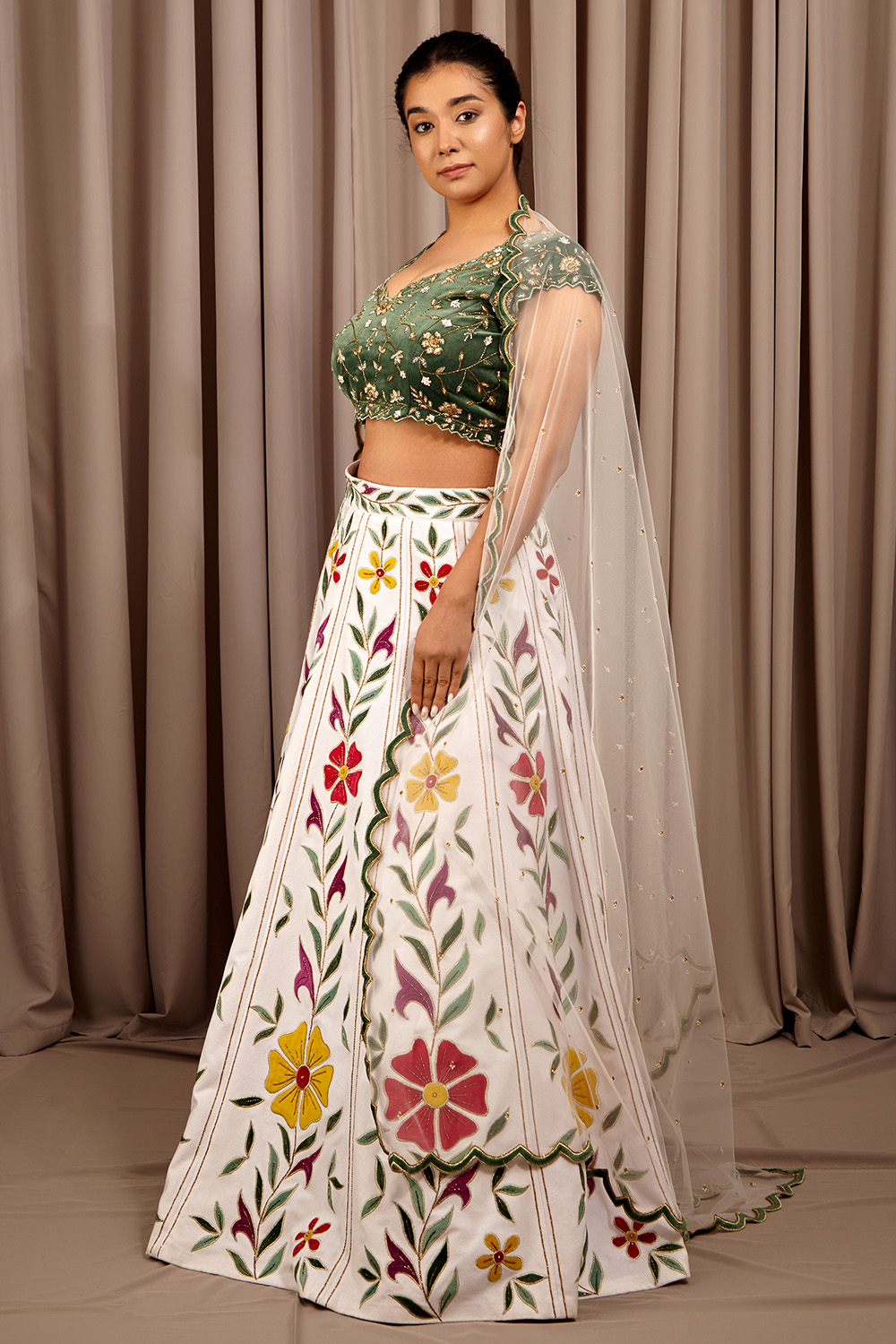 Green Embroidered Suede Blouse With Applique Cutwork Lehenga Set