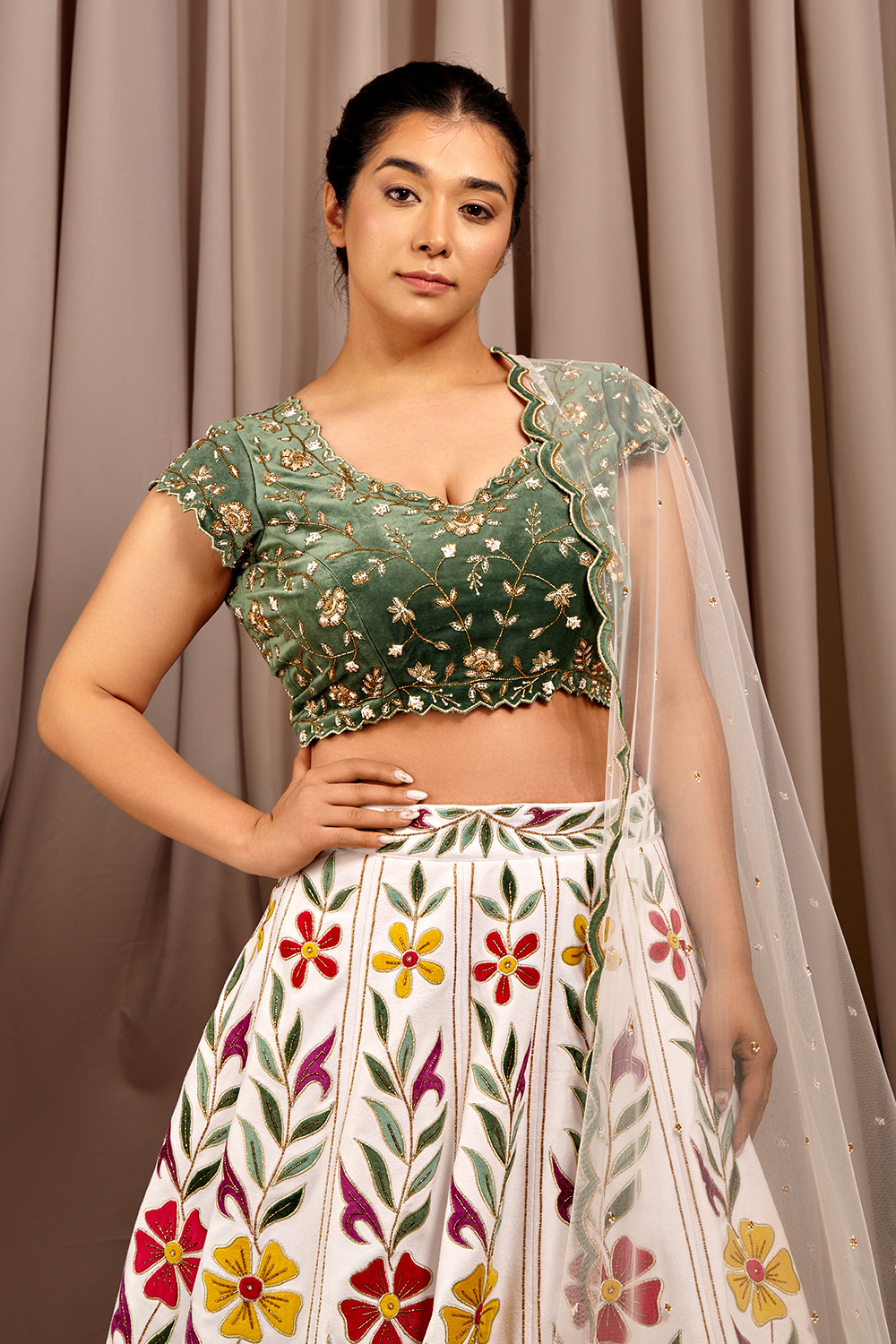 Green Embroidered Suede Blouse With Applique Cutwork Lehenga Set
