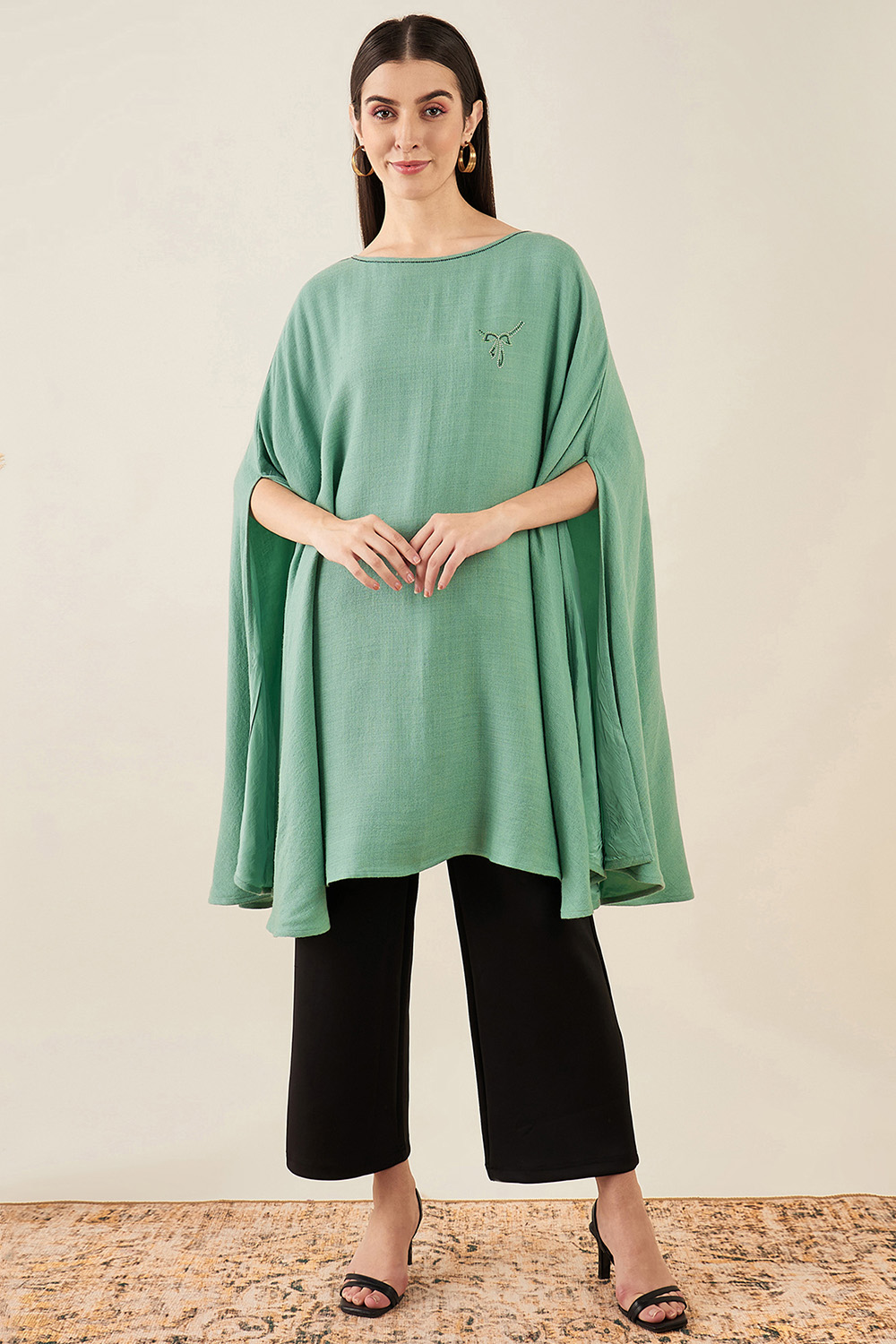 Seafood Green Embellished Long Cashmere Poncho