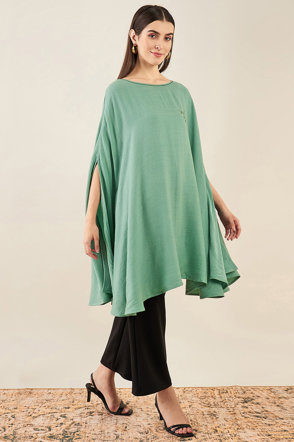 Seafood Green Embellished Long Cashmere Poncho