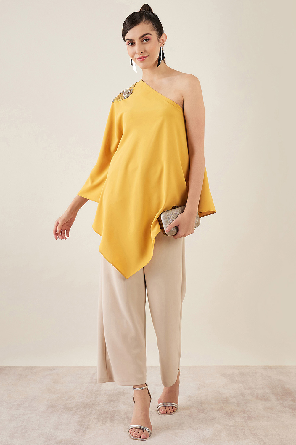 Mustard One-Shoulder Crystal Hand Embroidered Asymmetrical Top
