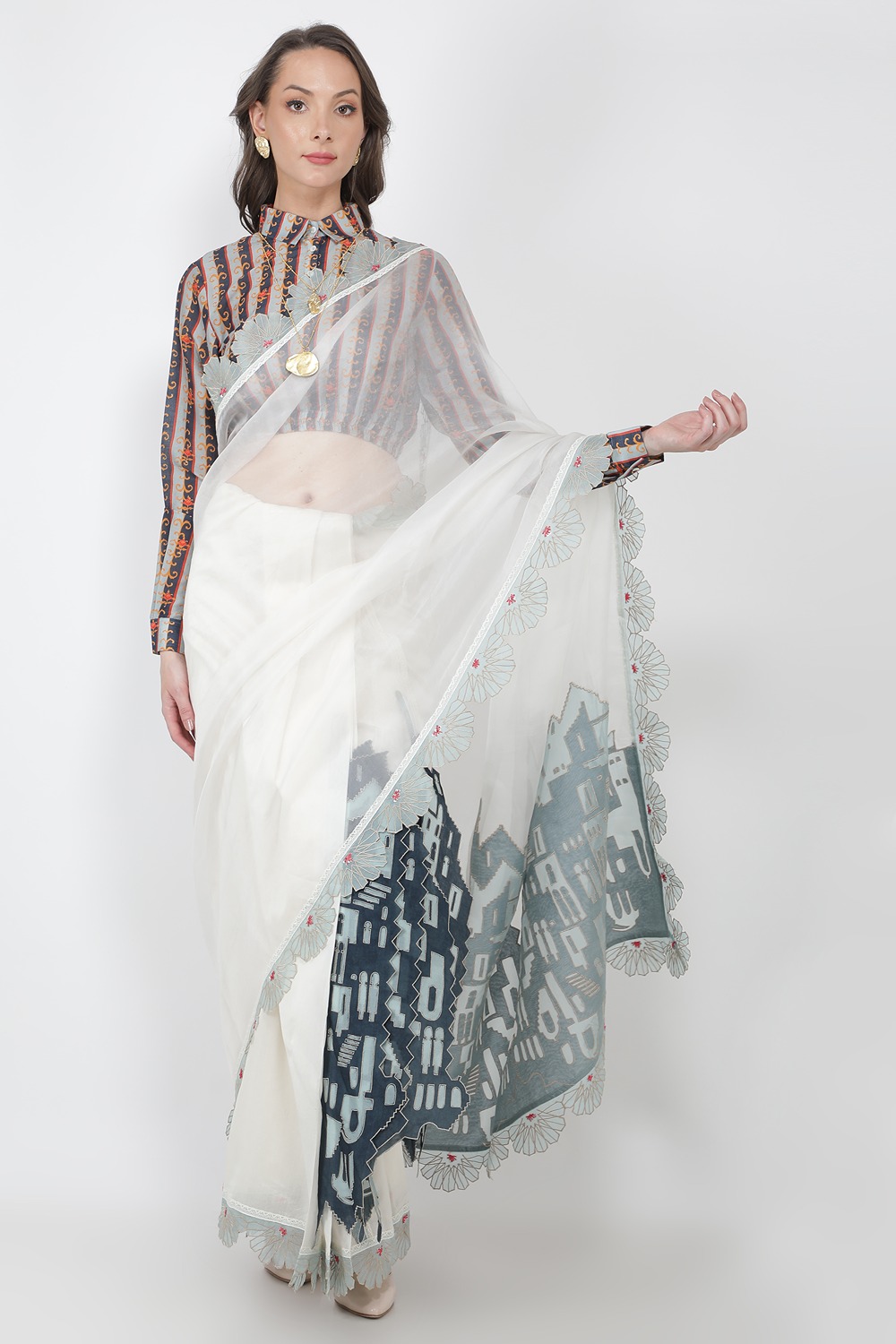 Fort Emb Pre Pleated Sari With Striped Cropped Top