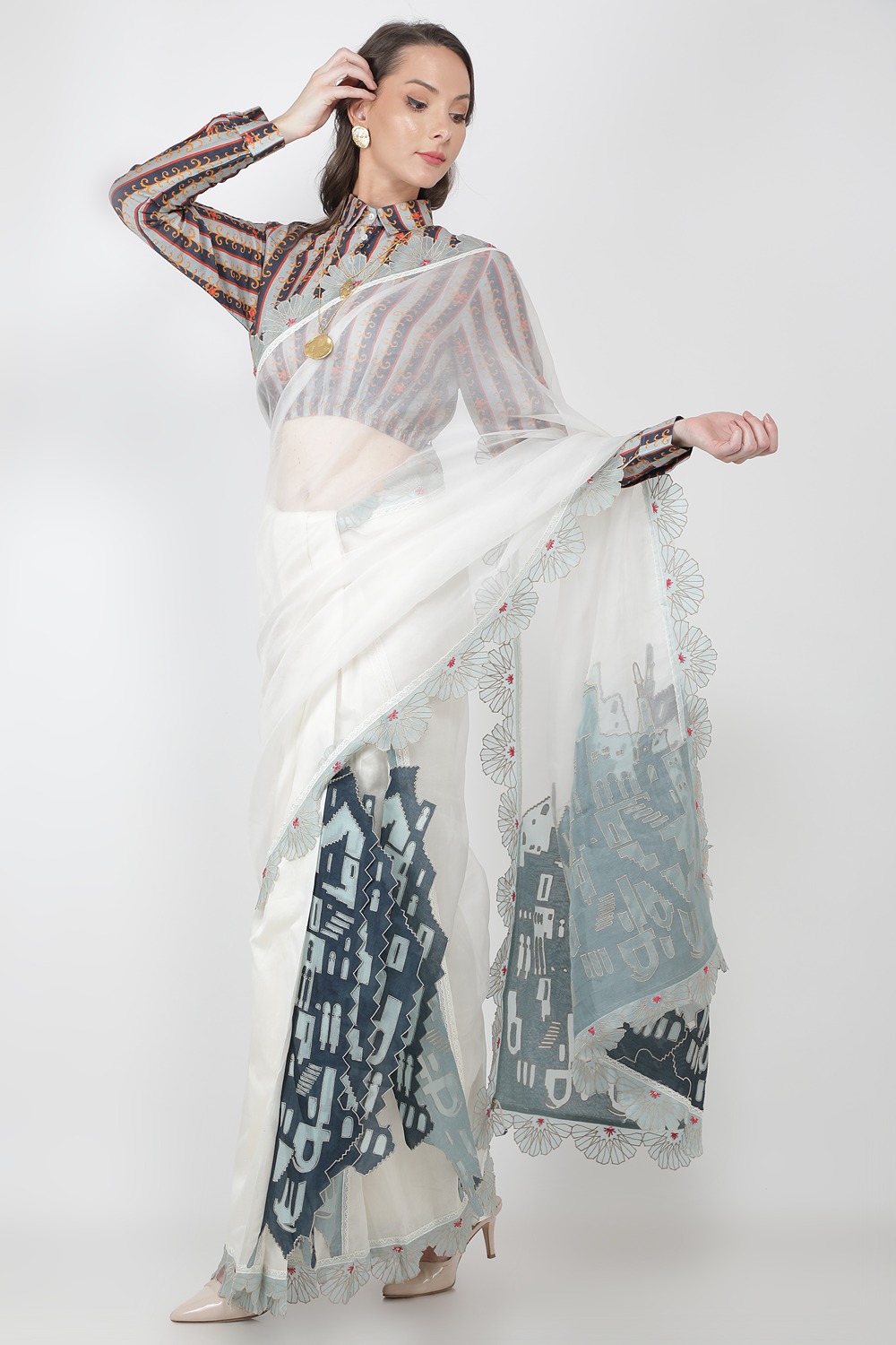 Fort Emb Pre Pleated Sari With Striped Cropped Top