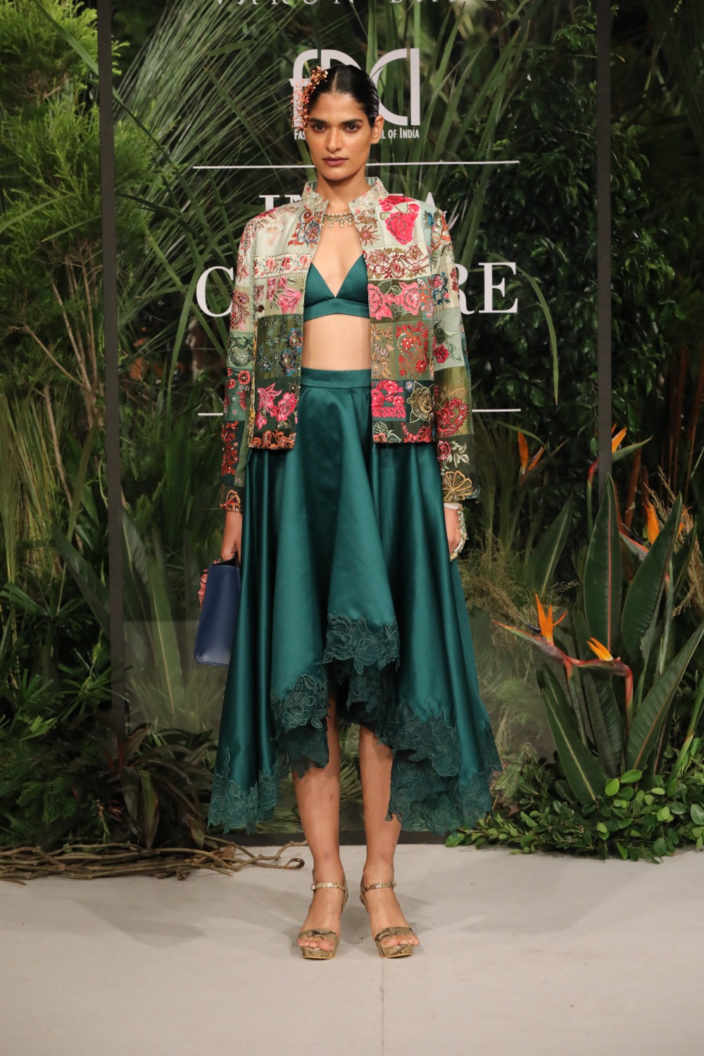 Green Ombre Multi Patchwork Jacket With Bralette & Skirt