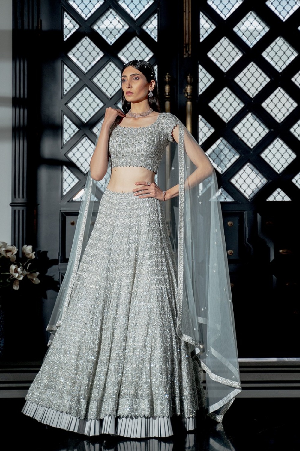 Silver all over embroidered lehenga set with Dupatta