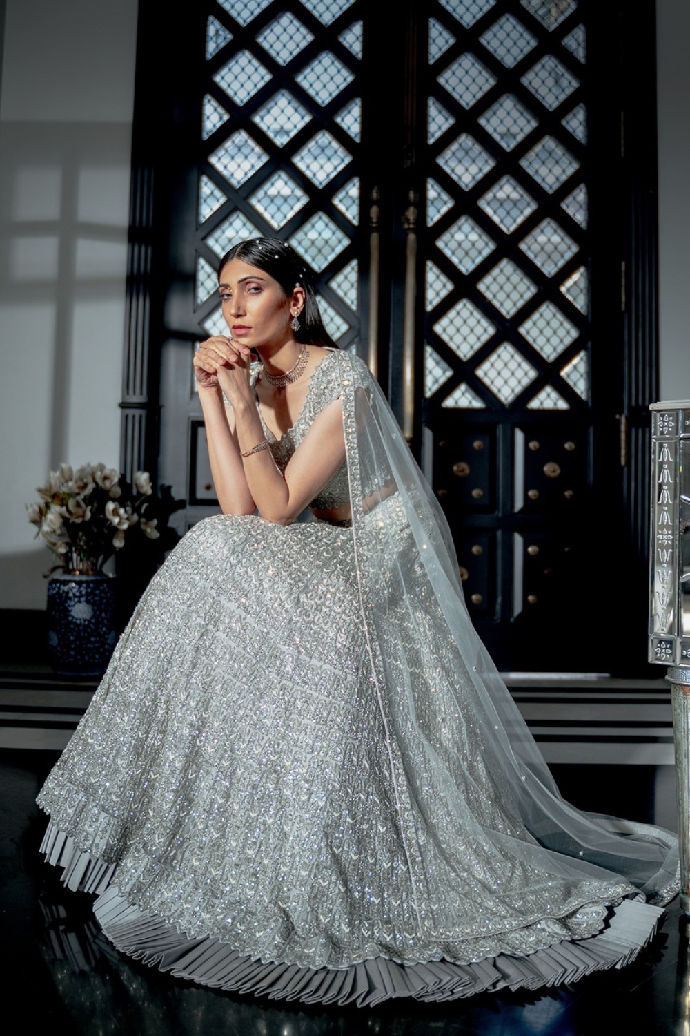 Silver all over embroidered lehenga set with Dupatta
