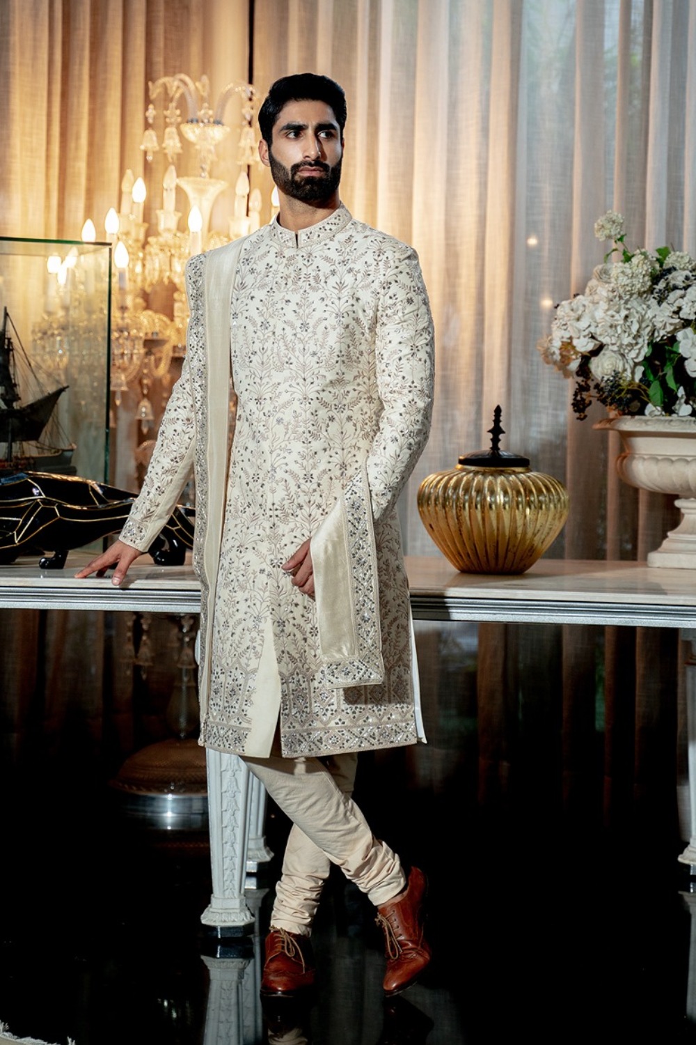 Ivory Paper Gold fully embroidered beige Sherwani set with Stole
