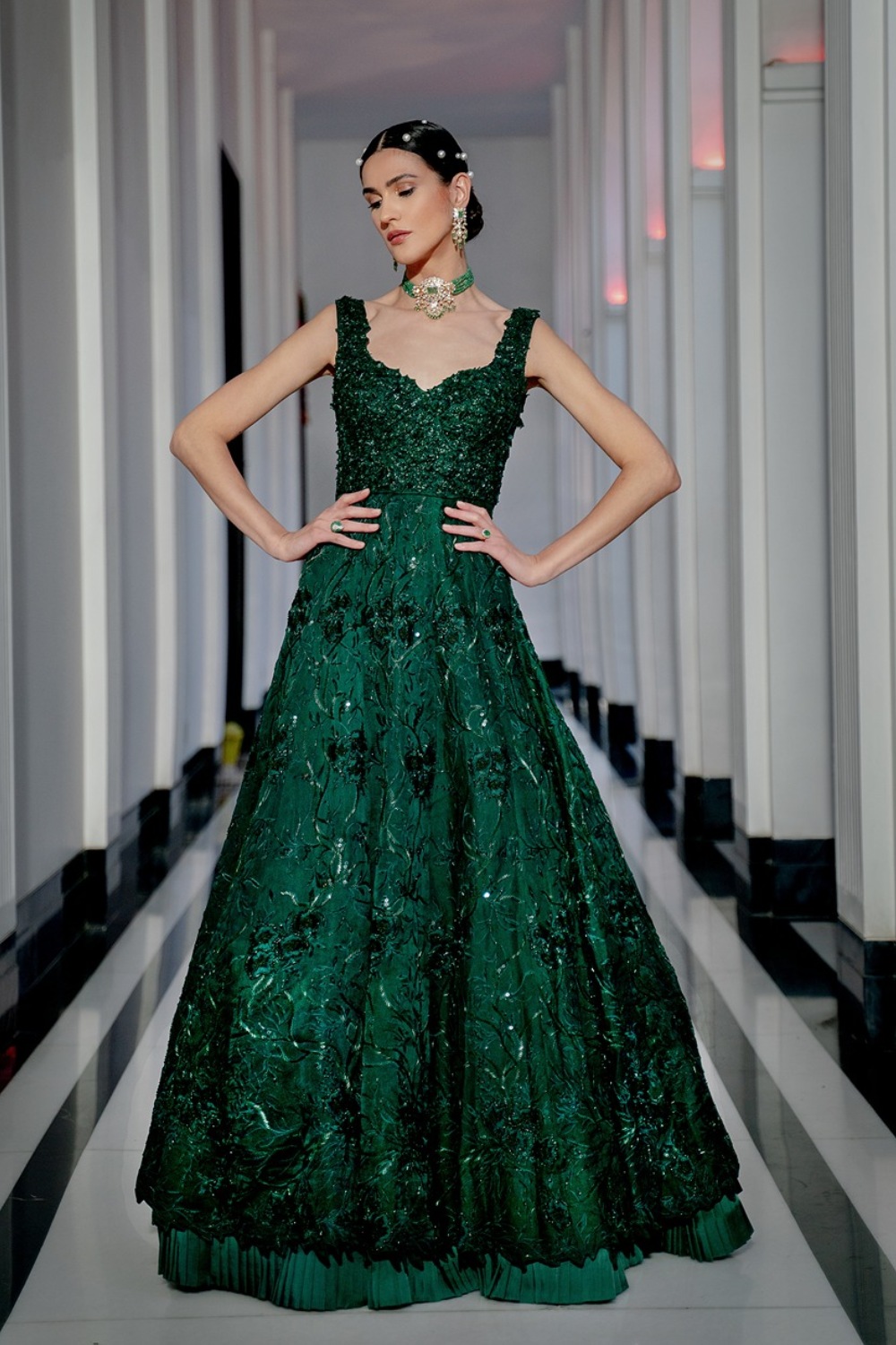 Emerald green Floral embroidered gown w
