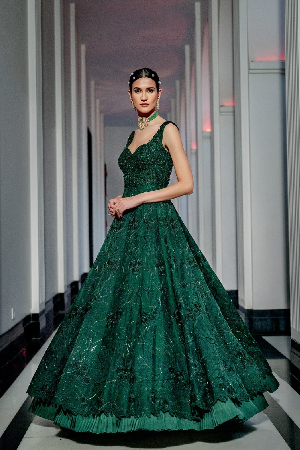 Emerald green Floral embroidered gown w