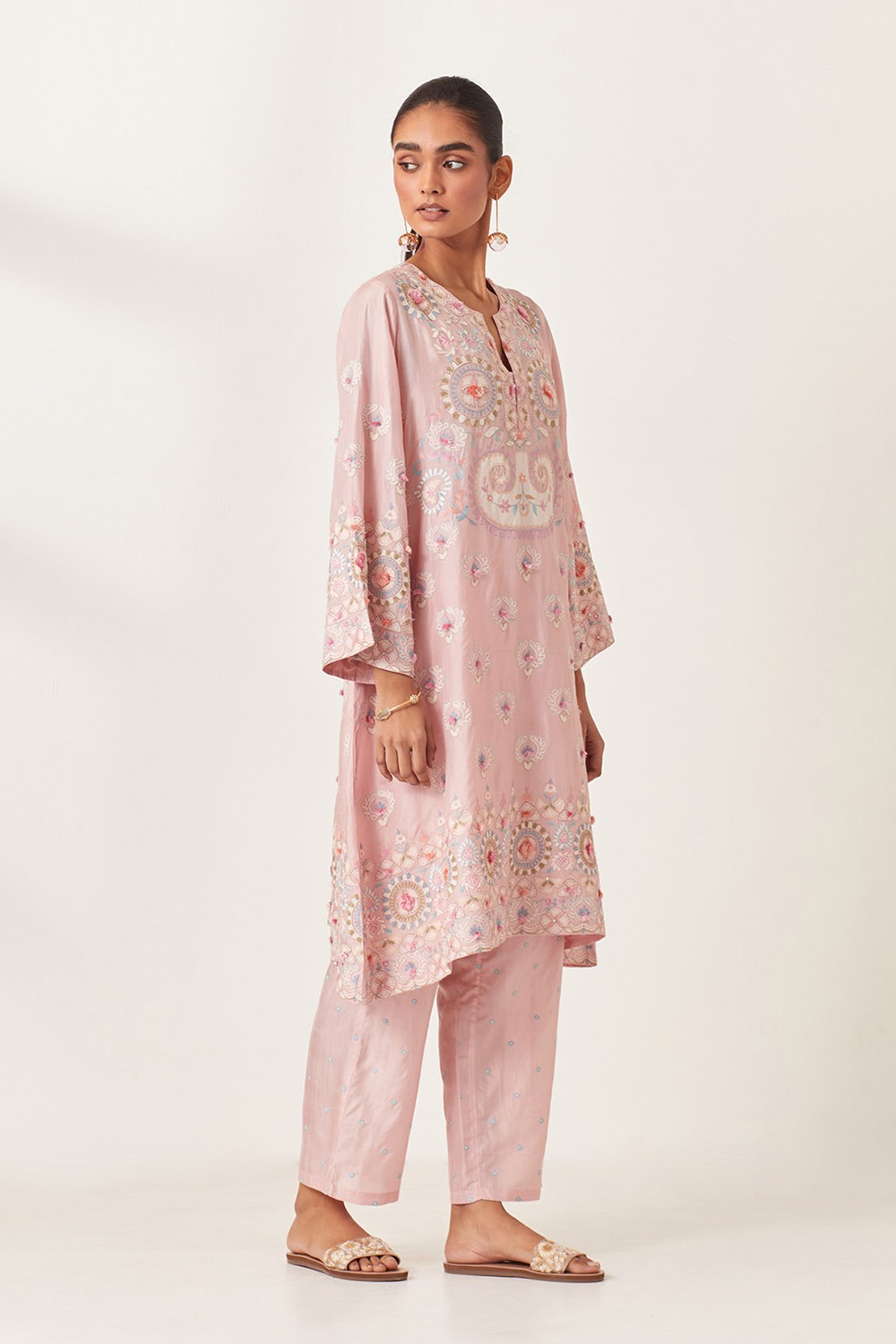 Pink Silk Straight Hem Mid-Length Abha Style Kurta With Pink Silk Straight Pants