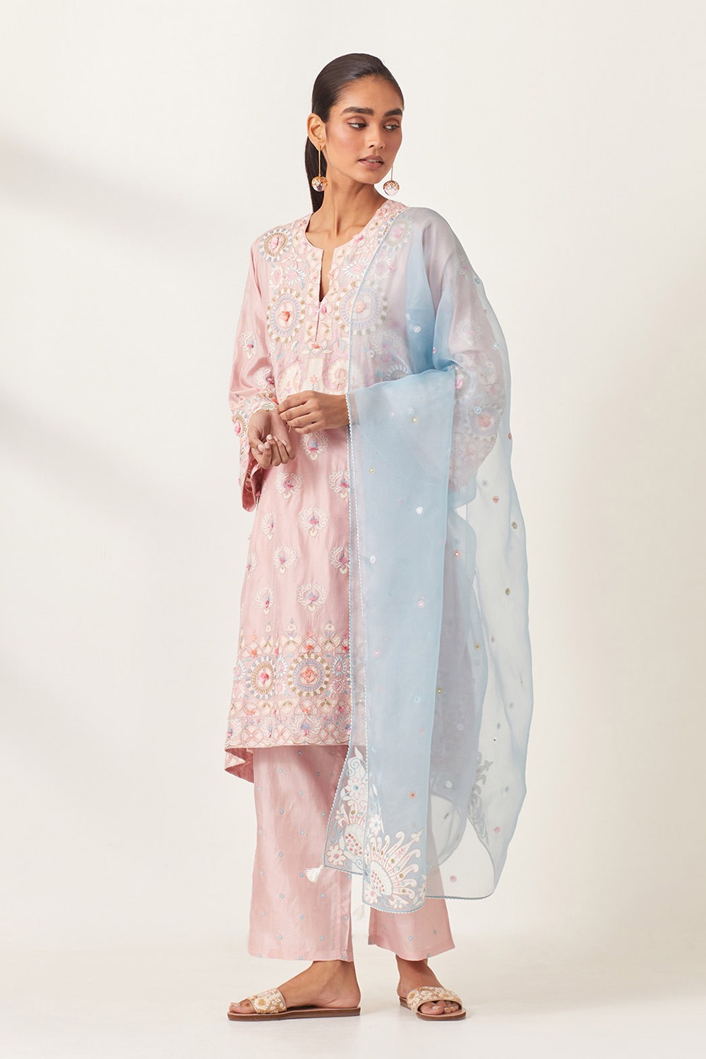 Pink Silk Straight Hem Mid-Length Abha Style Kurta Set