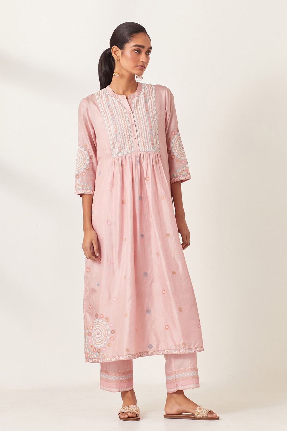 Pink Silk Gathered Kurta-Dress With Pink Silk Straight Pants