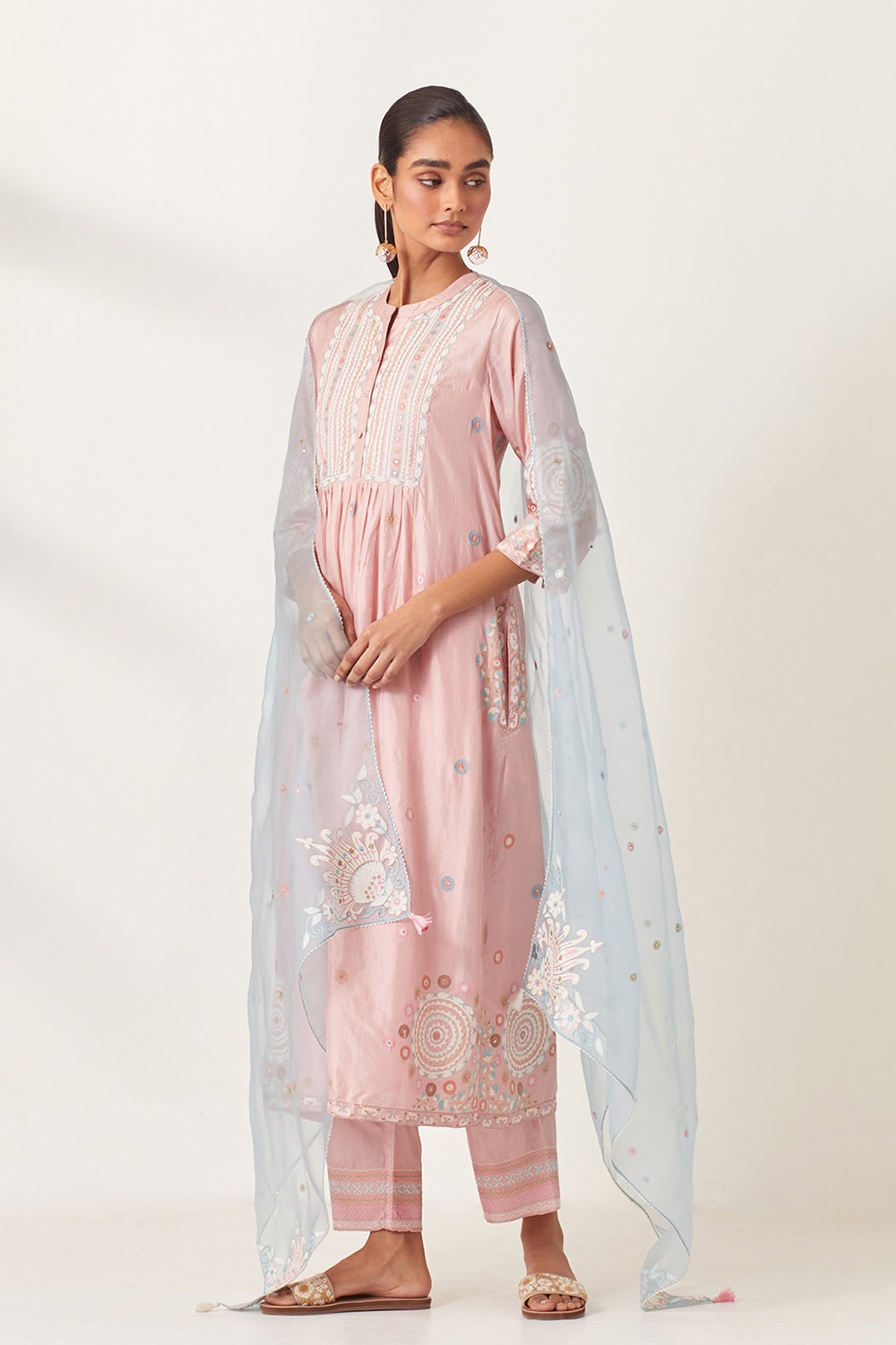 Pink Silk Gathered Kurta-Dress Set 