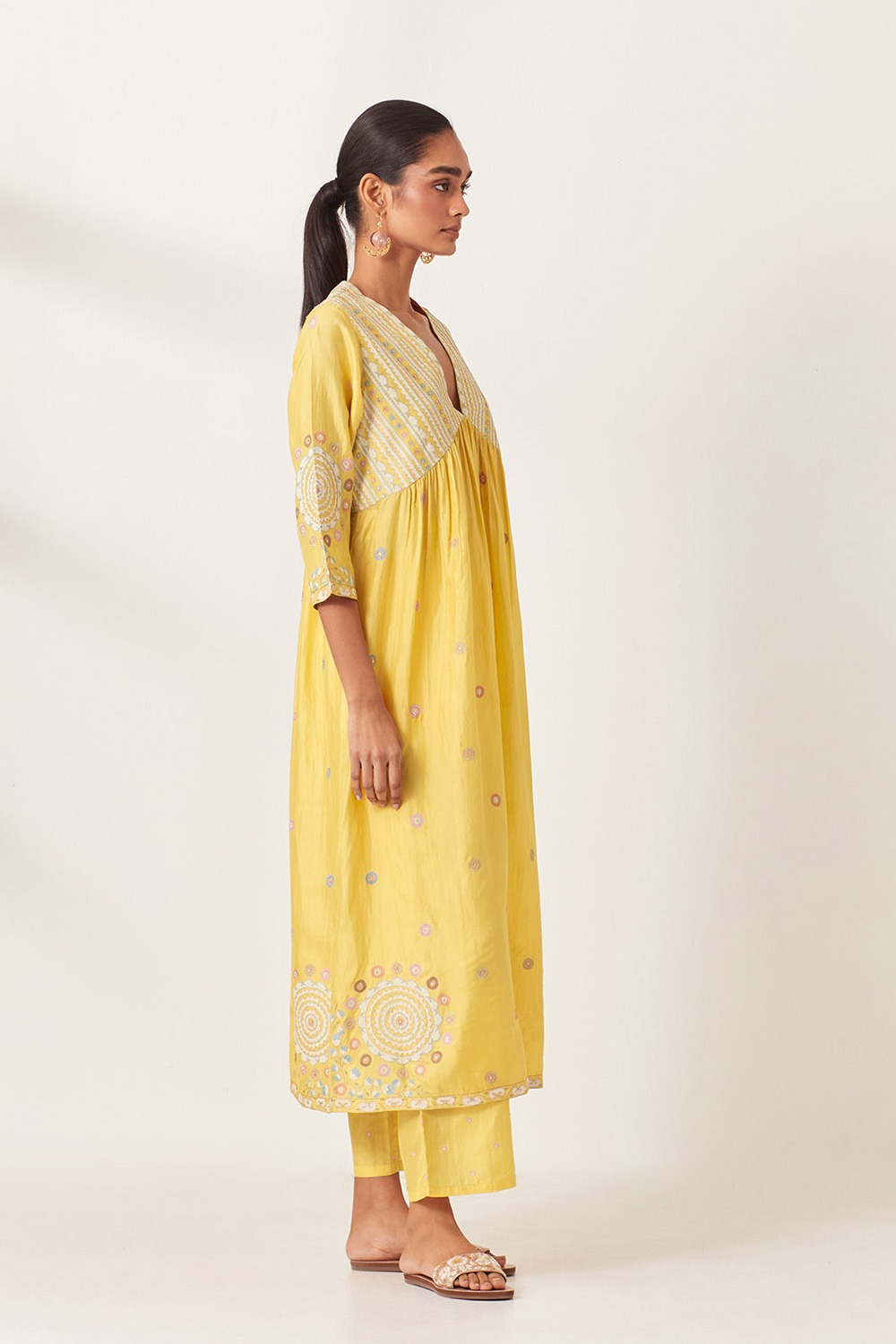 Yellow Silk Kurta Dress With Yellow Silk Straight Pants