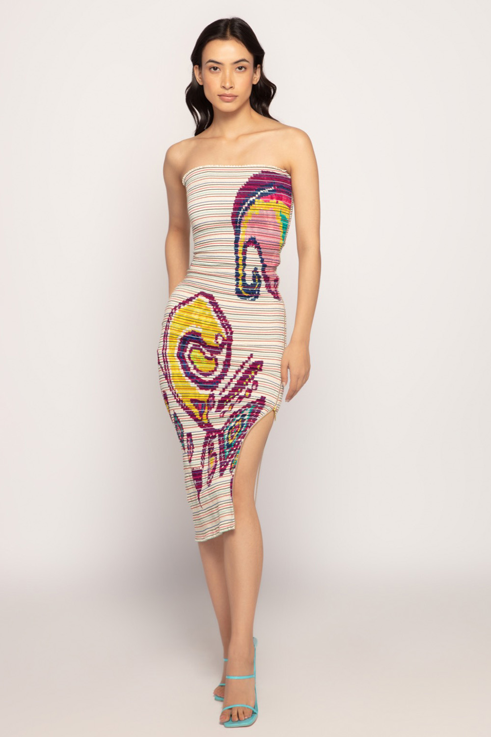 Paisley And Stripe Print Smocked Strapless Midi Dress