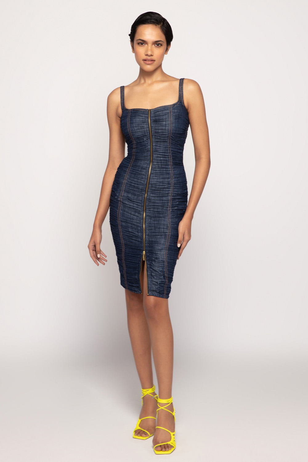 Denim Hand Micro Pleated Fitted Midi Dress With Front Zipper Detailing
