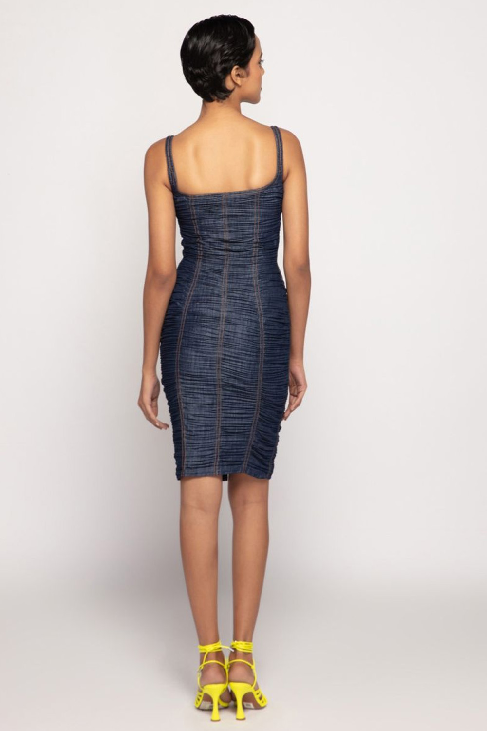 Denim Hand Micro Pleated Fitted Midi Dress With Front Zipper Detailing