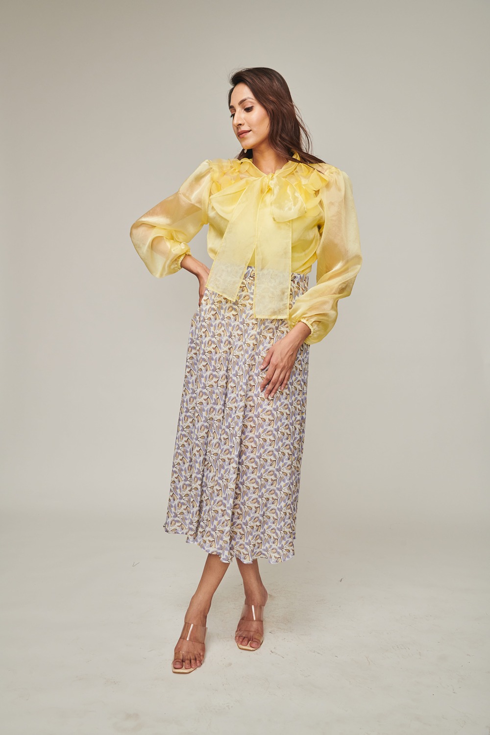 Weaving Cult Yellow Tie Up Bow Top With Flared Skirt