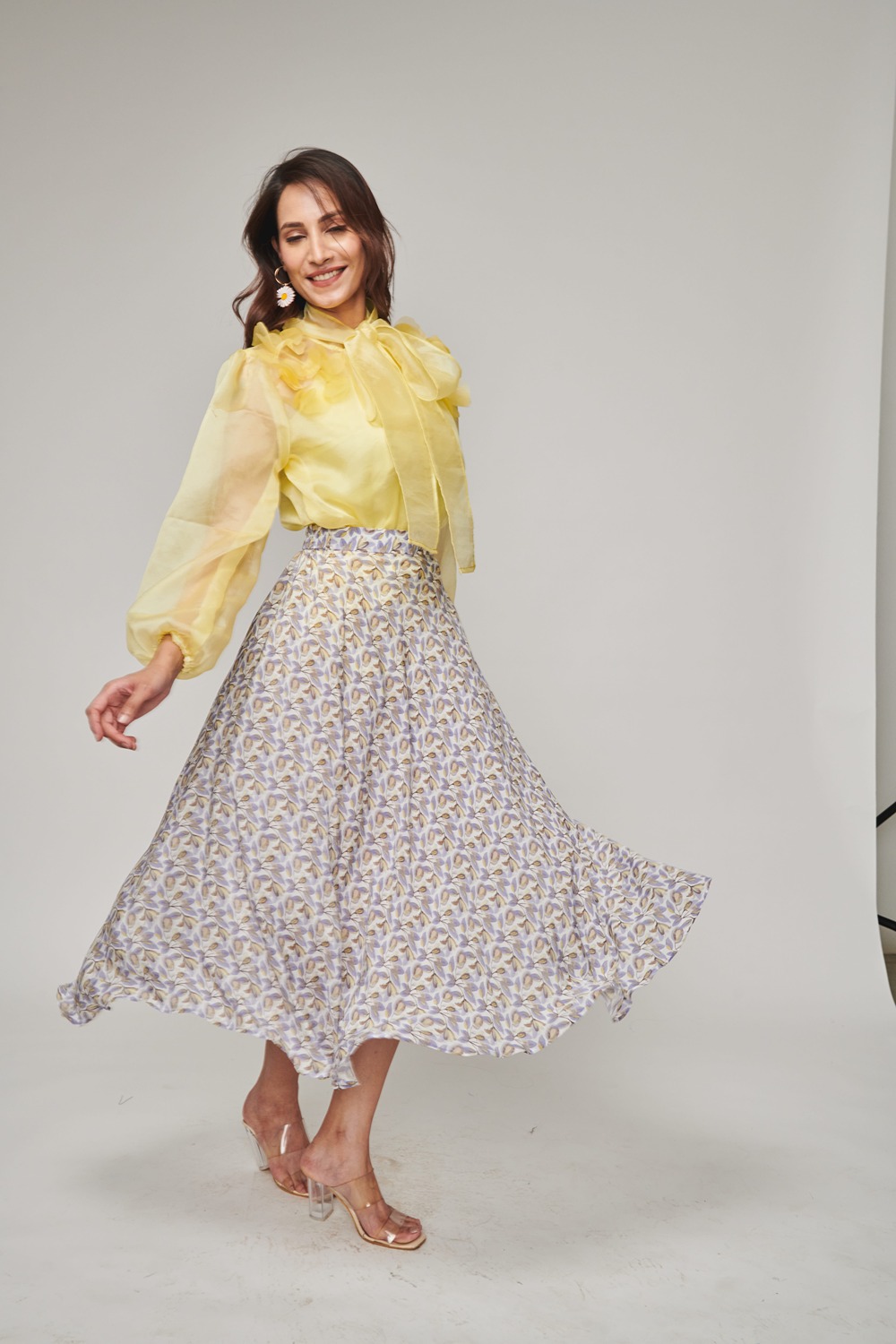 Weaving Cult Yellow Tie Up Bow Top With Flared Skirt