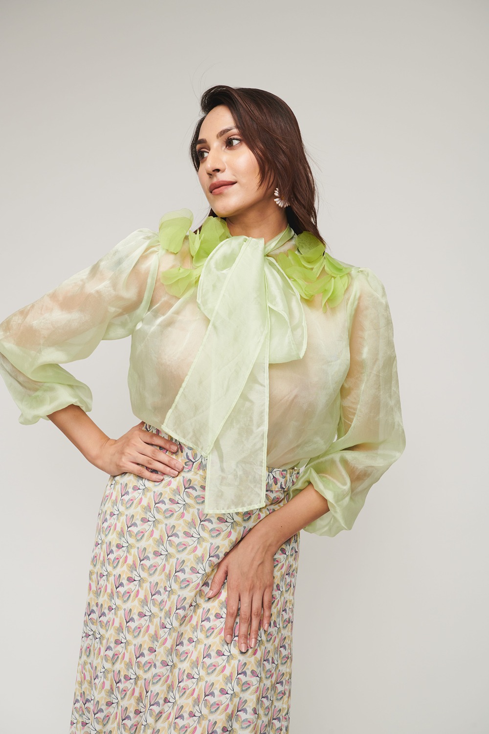 Weaving Cult Mint Green Tie Up Bow Top With Flared Skirt