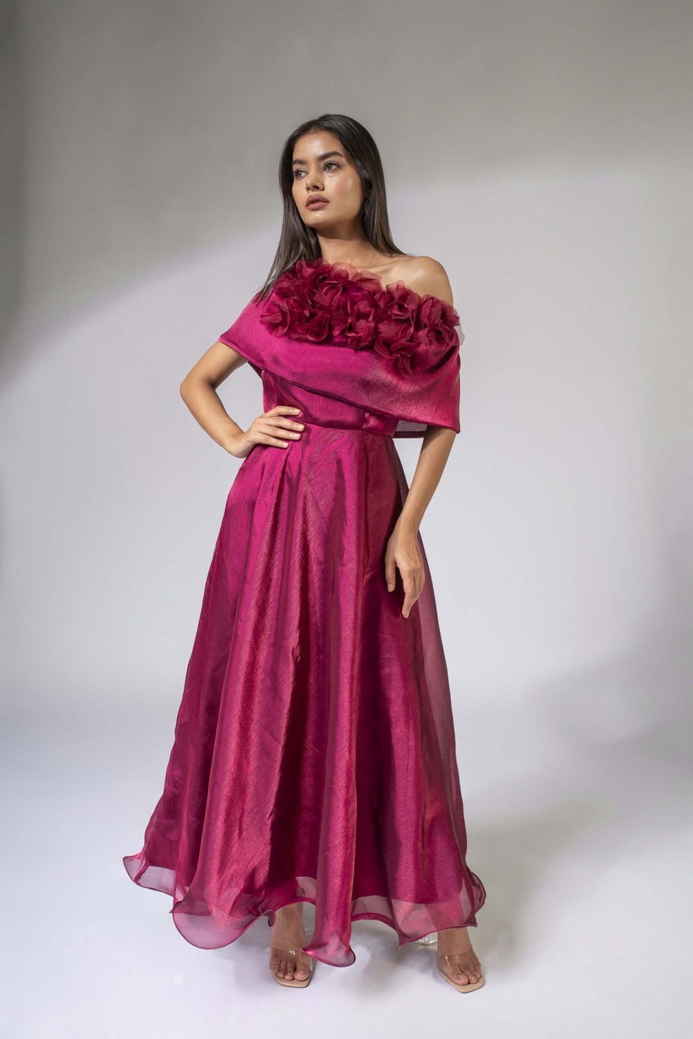 Weaving Cult Maroon Shimmer Organza Maxi Dress With 3D Flower Detailing 