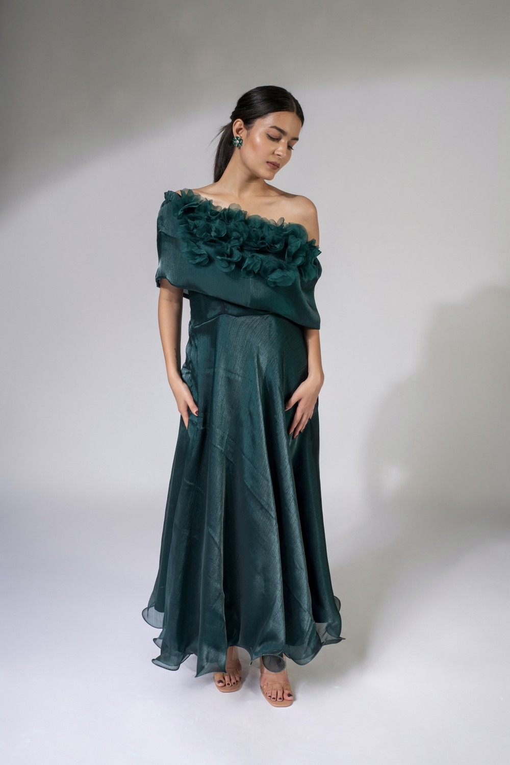 Weaving Cult Emerald Green Shimmer Organza Maxi Dress With 3D Flower Detailing 