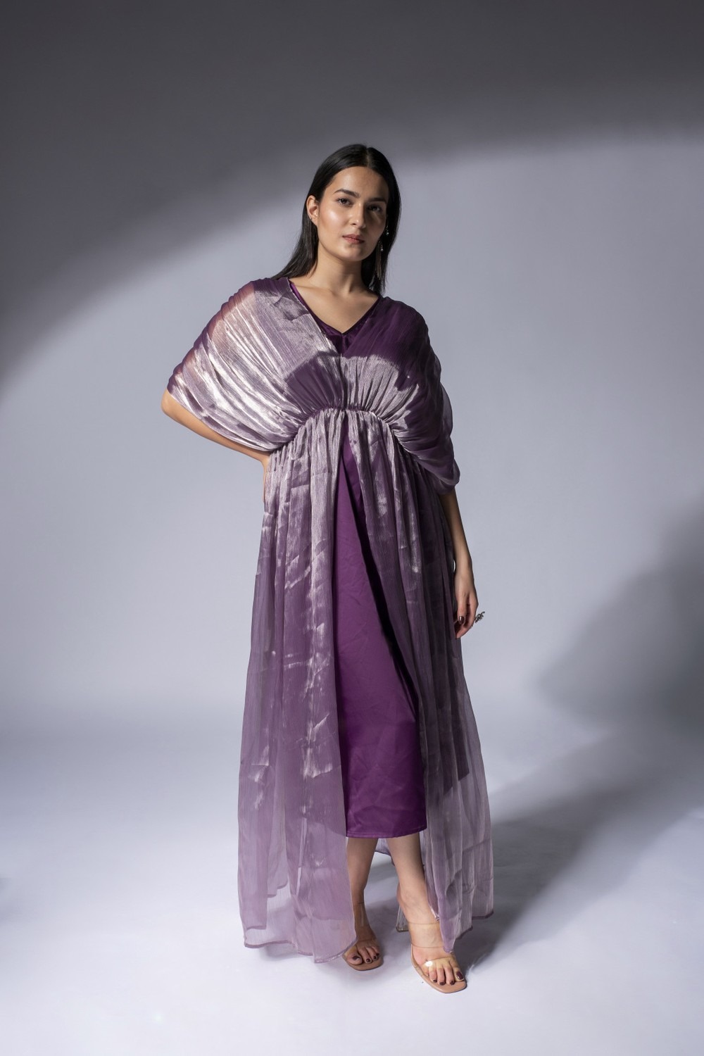 Weaving Cult Organza Purple Draped Dress With Satin Tunic 