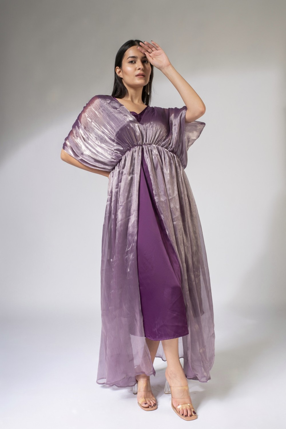 Weaving Cult Organza Purple Draped Dress With Satin Tunic 