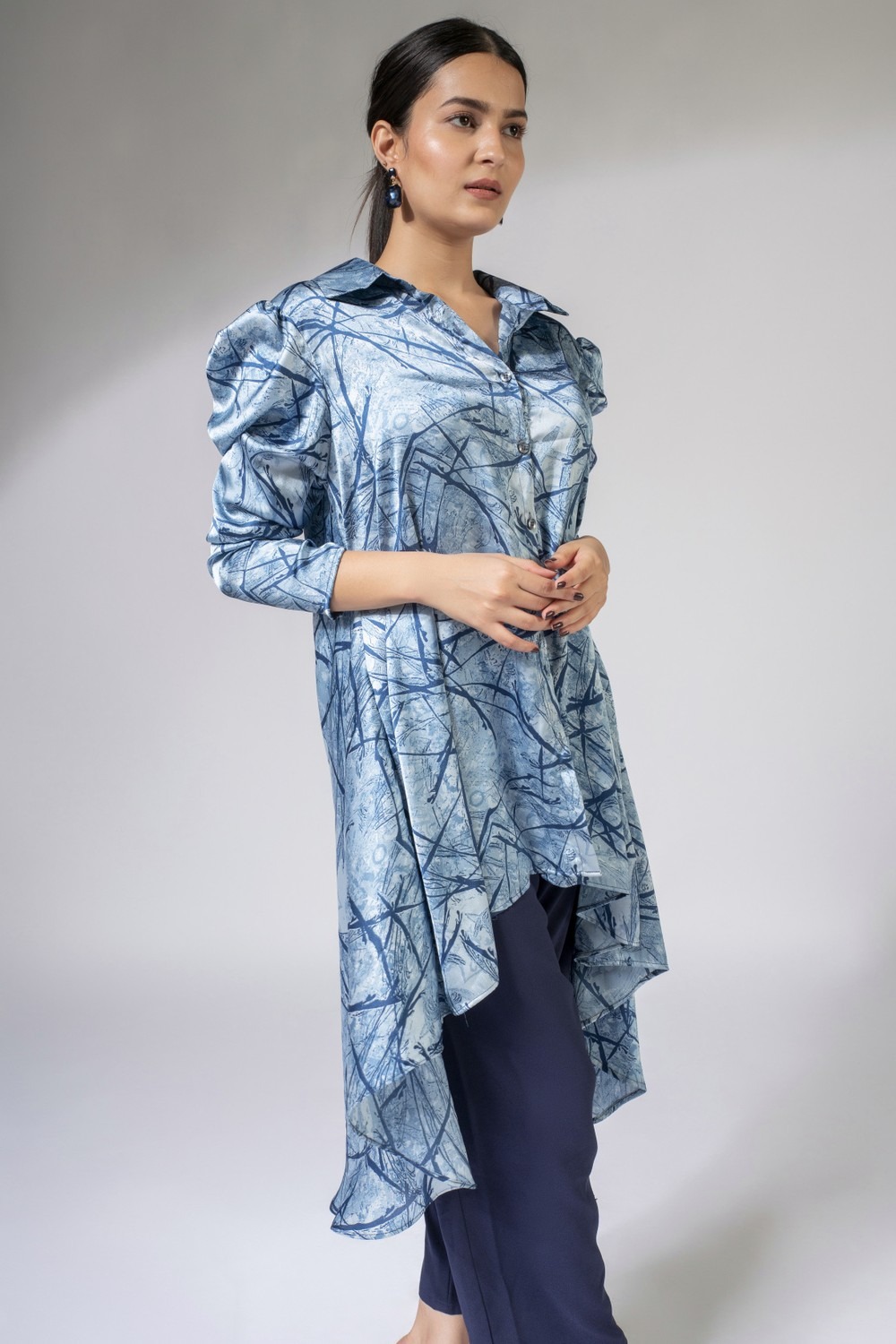 Weaving Cult Royal Blue Absract Printed Aysmtraical Bias Shirt