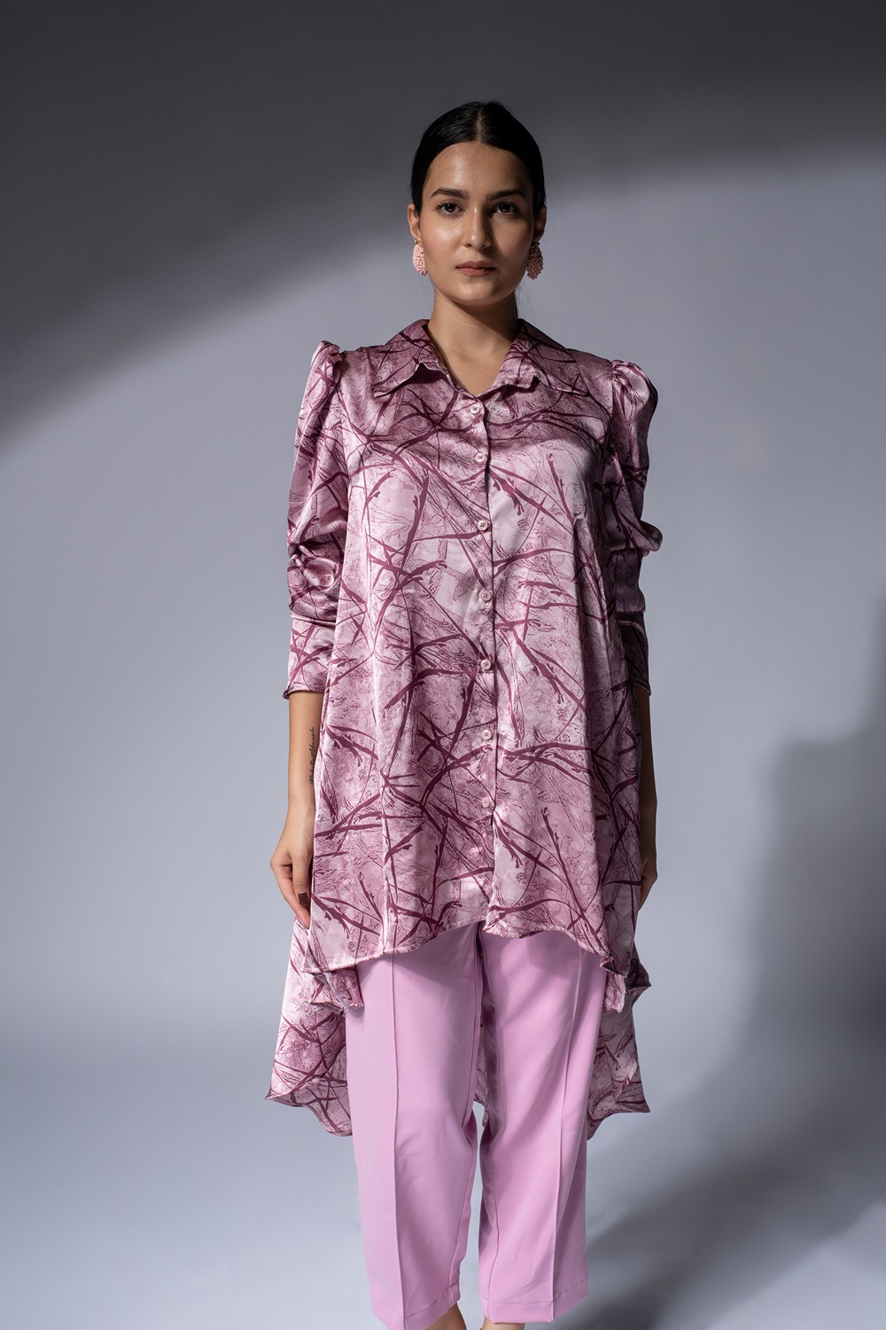 Weaving Cult Pink Absract Printed Aysmtraical Bias Shirt