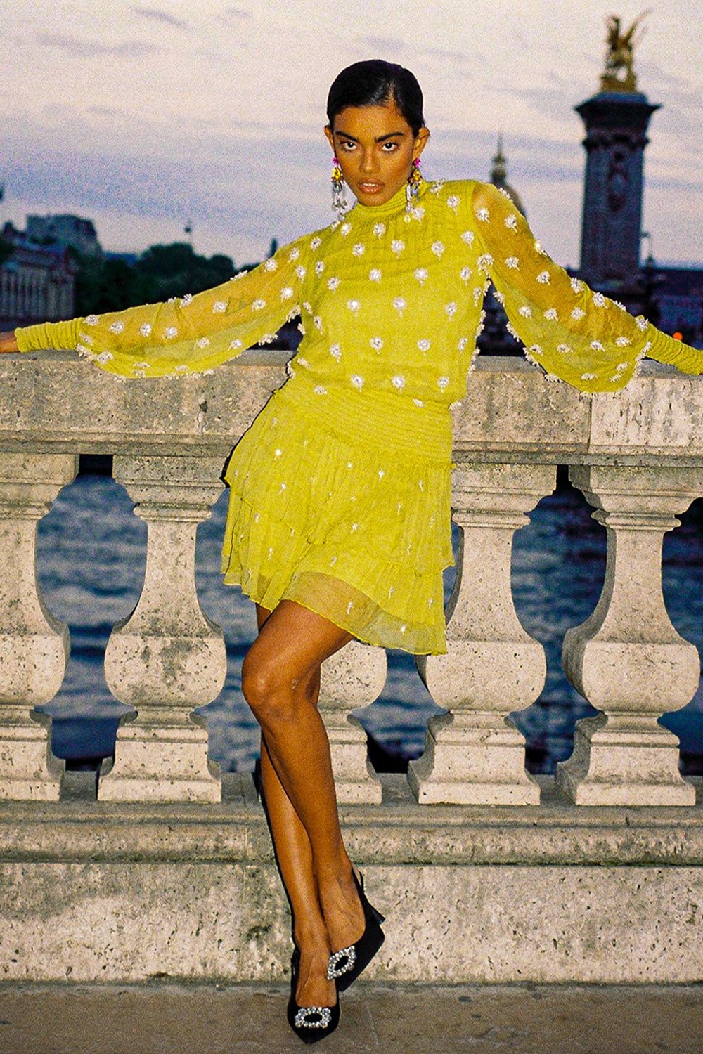 Paris Lime Yellow Embellished High Neck Dress