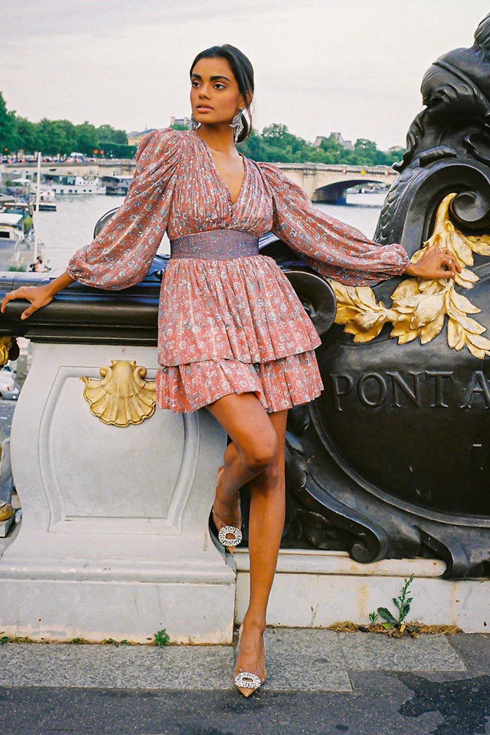 Paris Floral Print Balloon Sleeve Dress