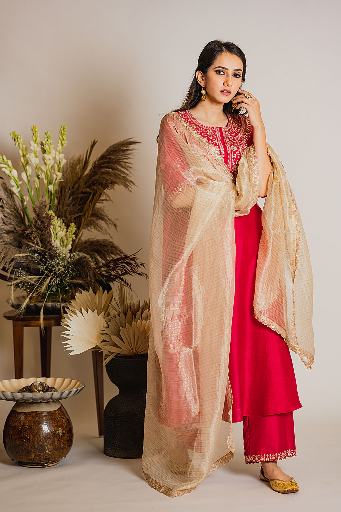 Red And Ivory Hand Embroidered Silk Kurta Pant Set