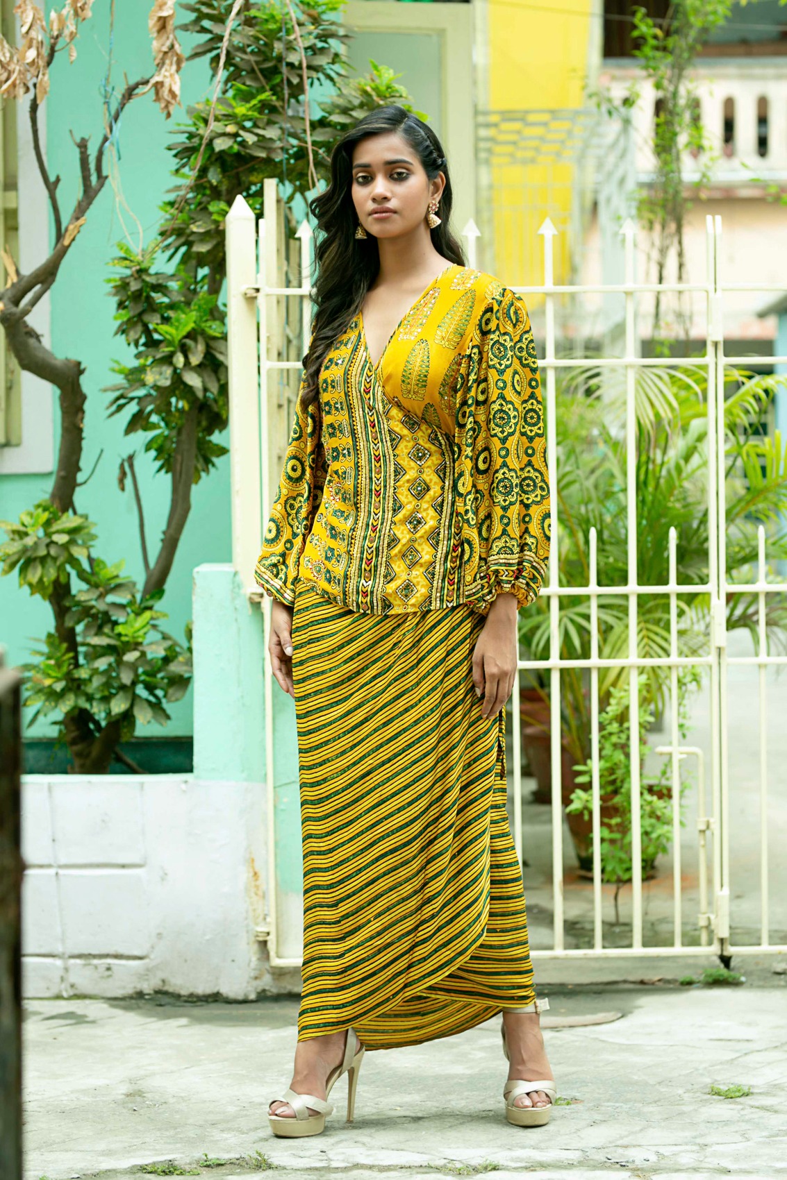 Mustard Ajrakh Overflap Top With Wrap Skirt