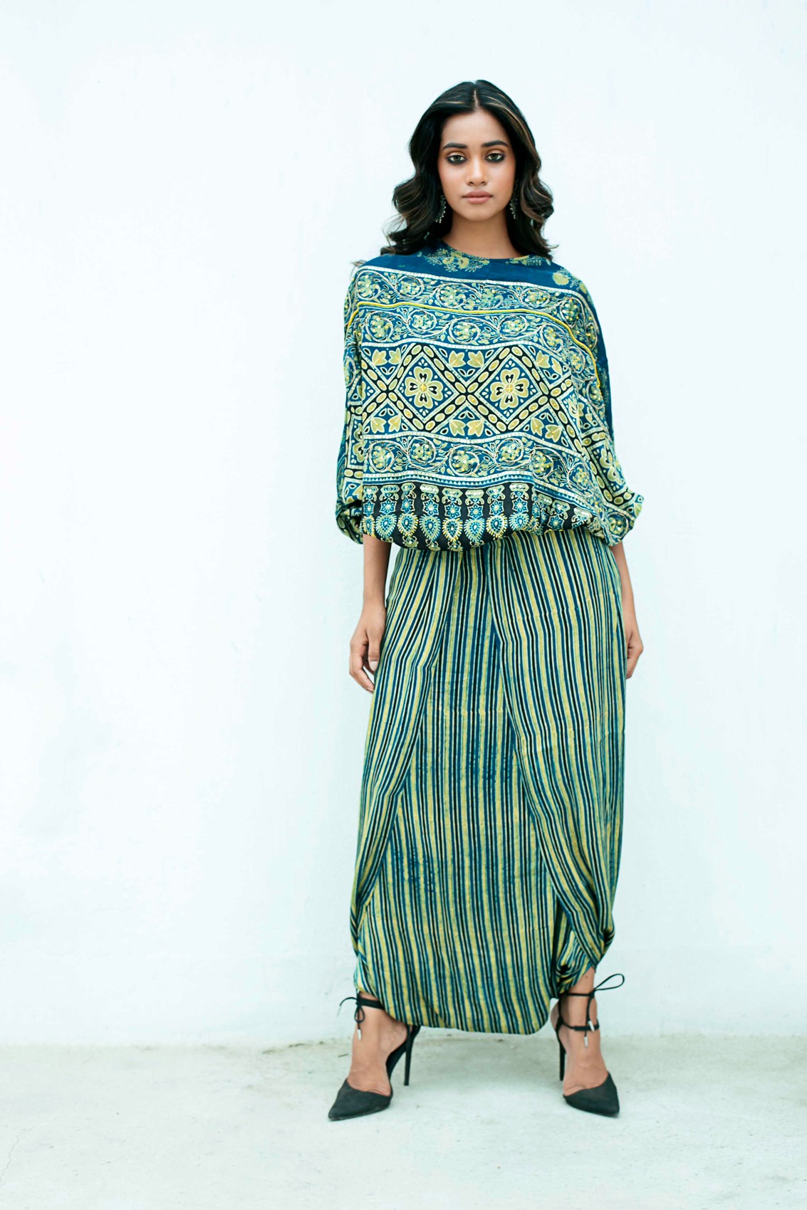 Anti-Fit Indigo Blue Kaftan Top With Dhoti Skirt