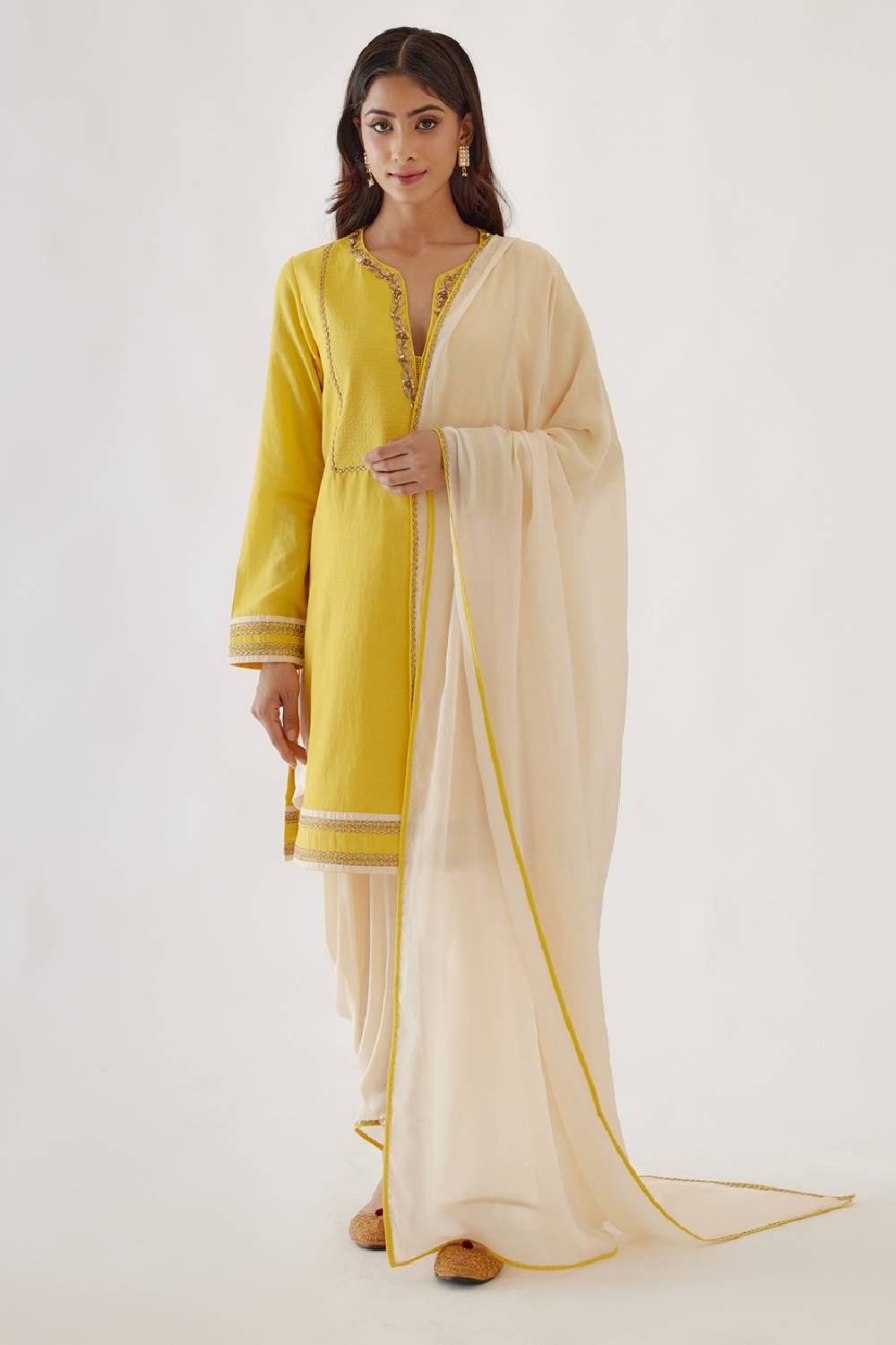Handwoven Cotton Silk Yellow and Cream Kurta Dhoti Set