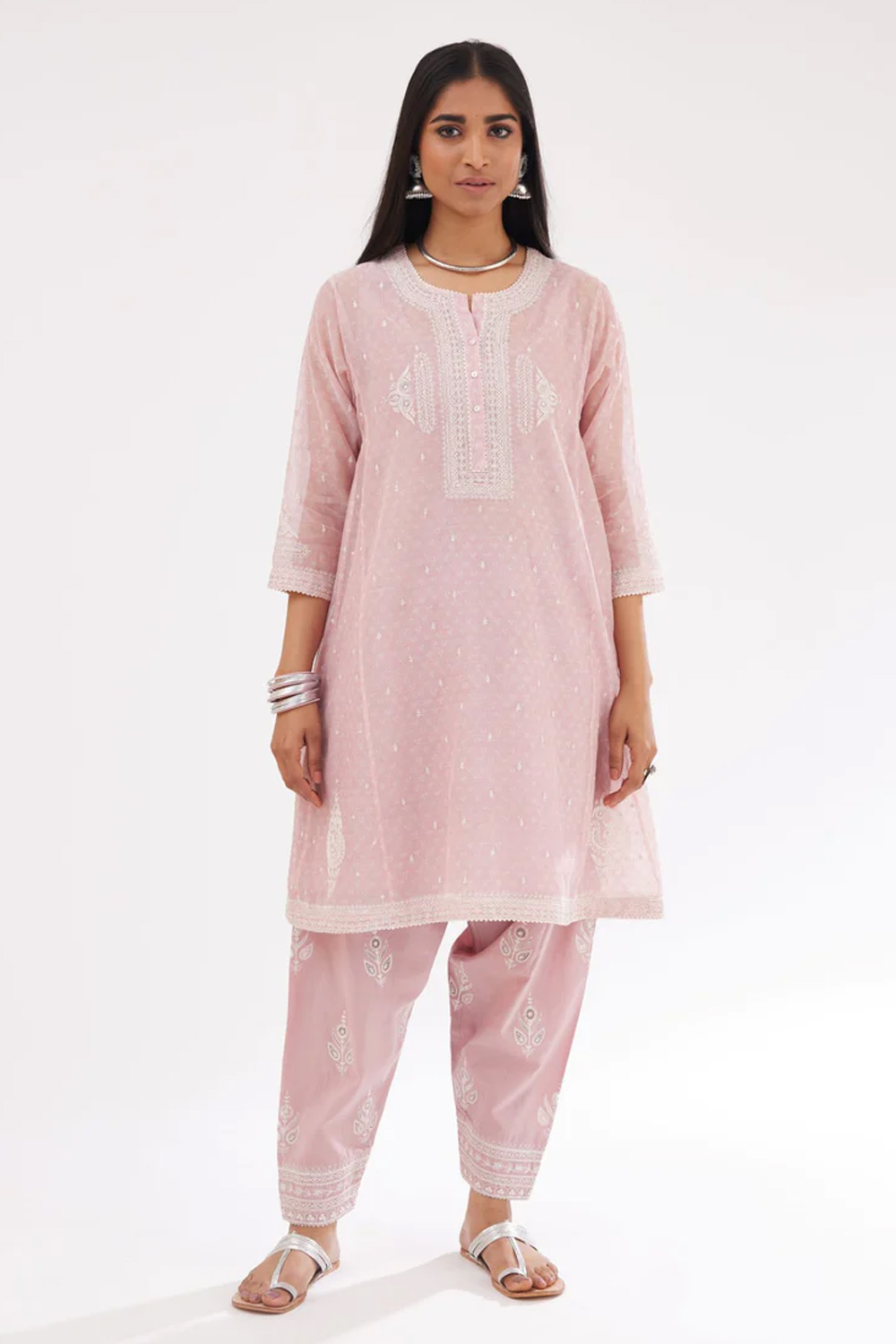 Pink Cotton Chanderi Hand Block Printed Short Kalidar Phiran Style Kurta Set