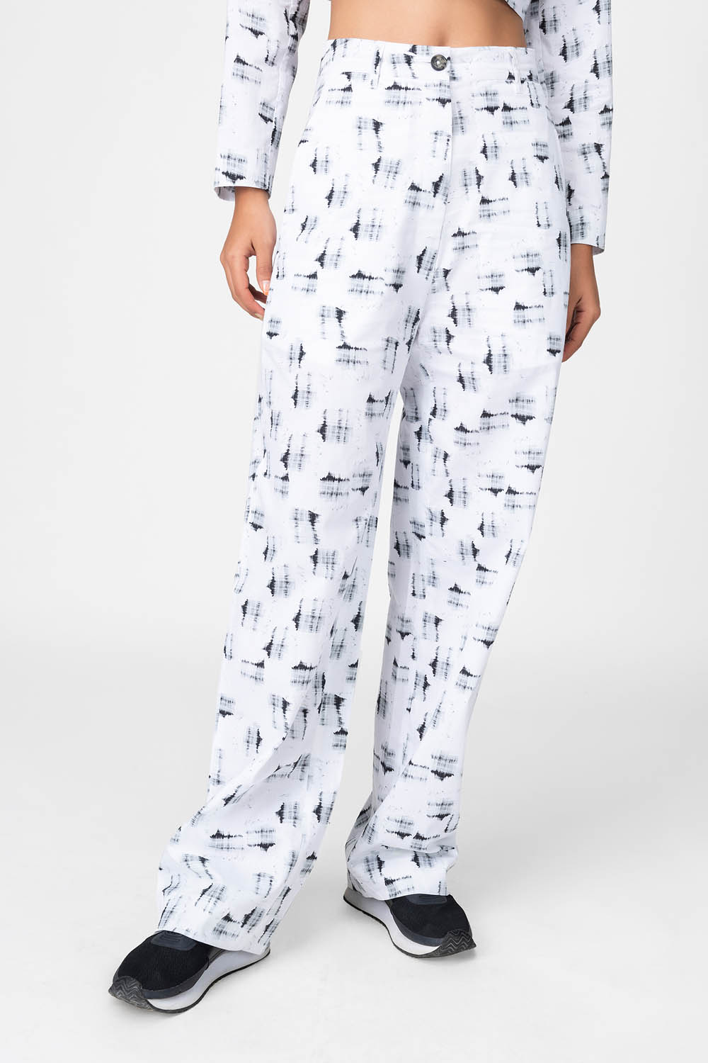 White Check Graphic Printed Pants