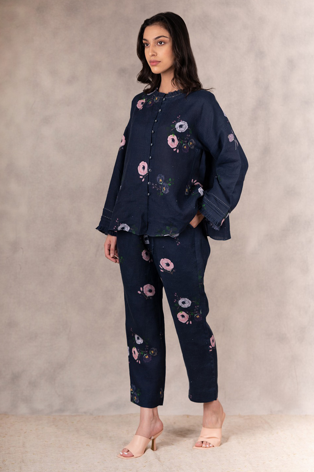 Navy Eden Print Side Gusset Top And Pant Set  