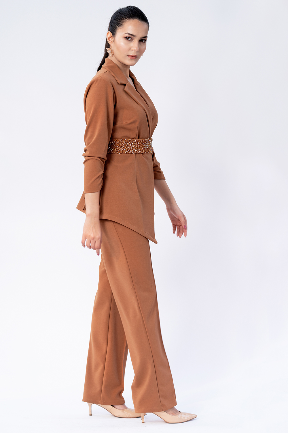 Weaving Cult Tan brown aysmetrical Blazer suit 