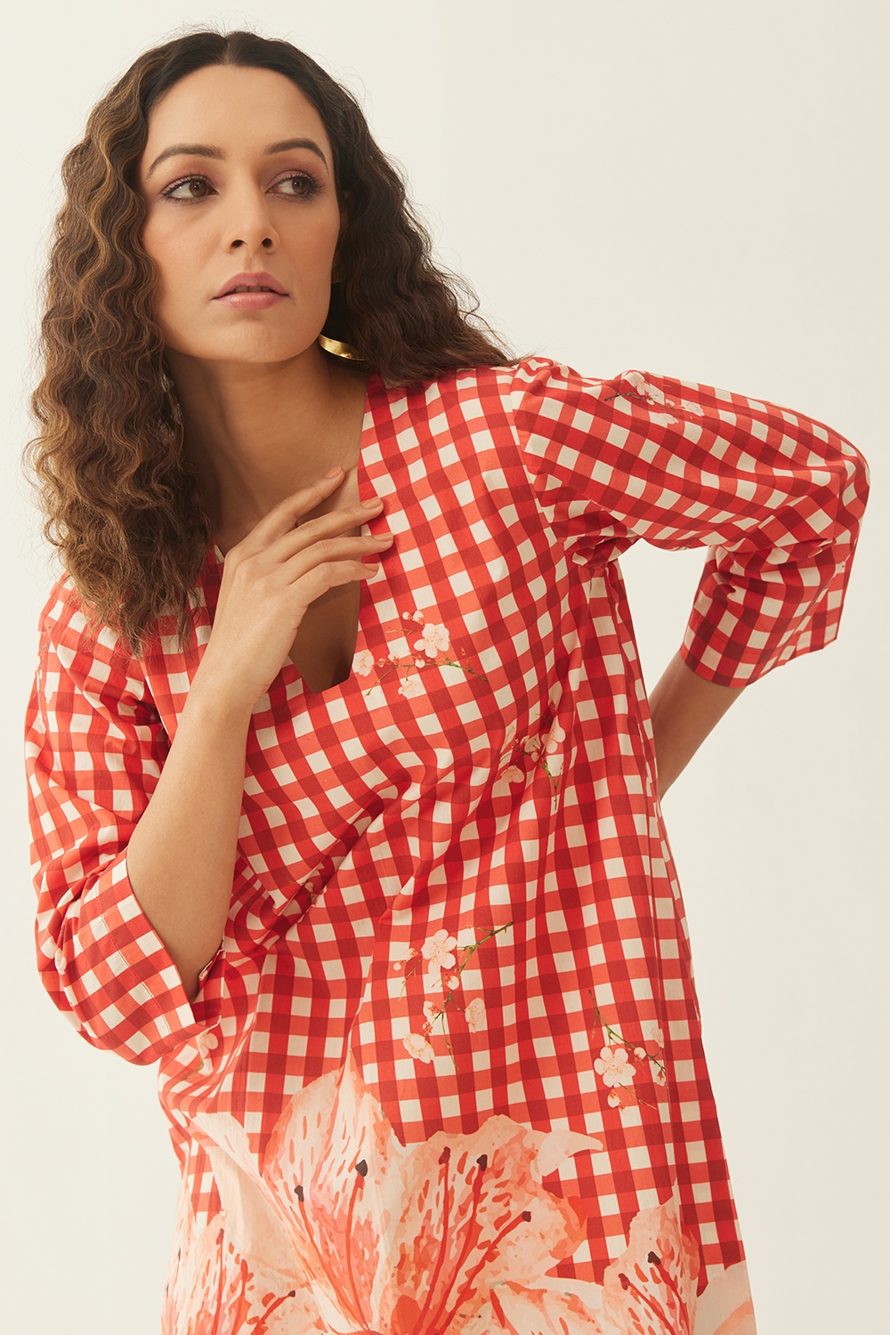 Red Cotton Gingham checks and floral mix co-ord set