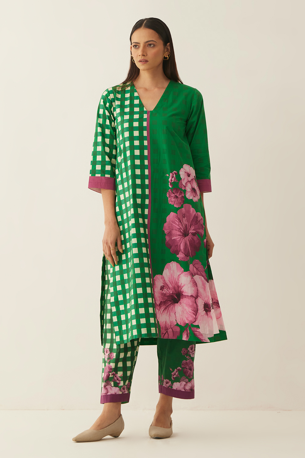 Green Cotton Gingham checks and floral mix co-ord set