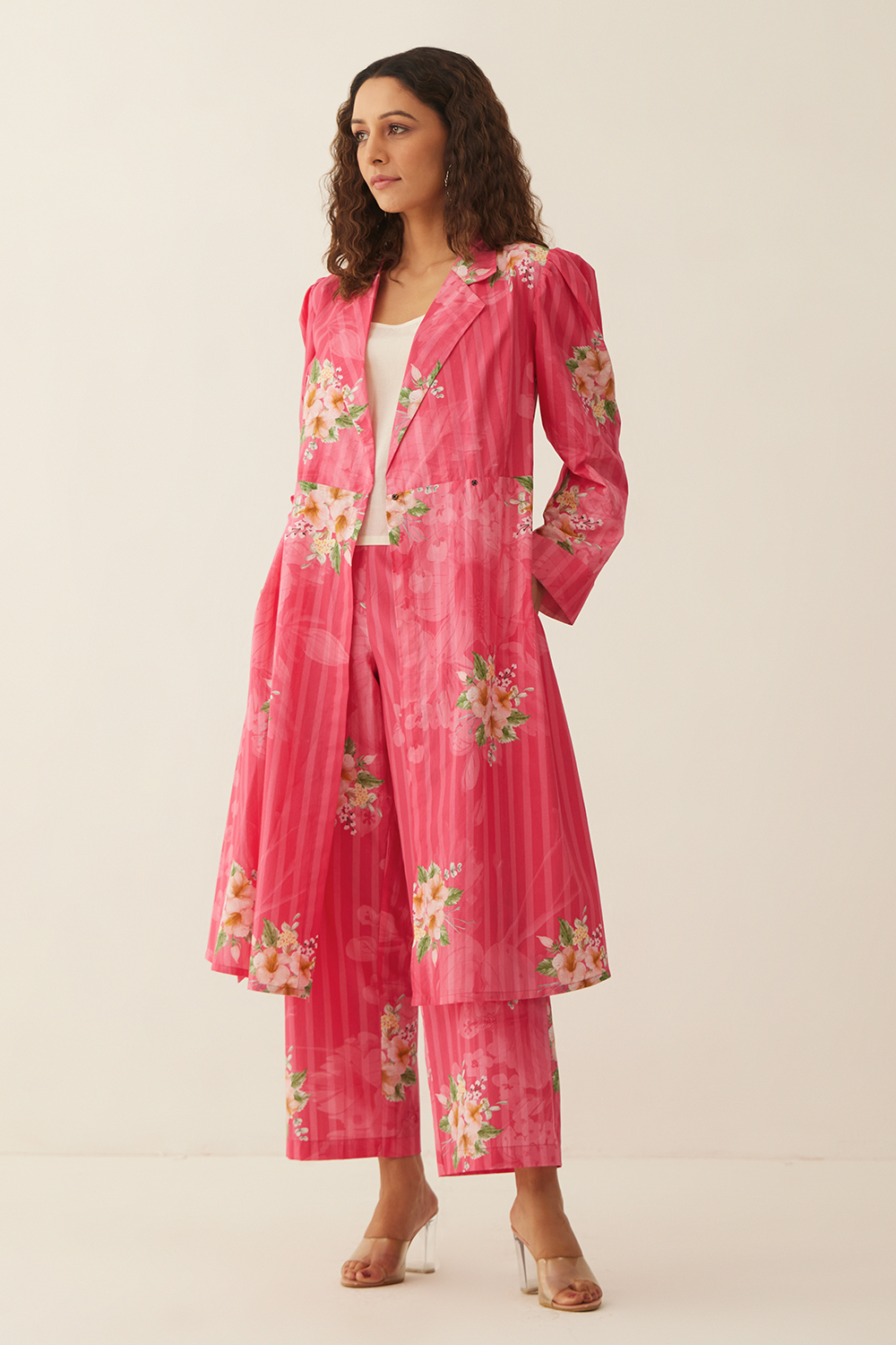 Pink Cotton Floral Stripe Long Jacket co-ord set