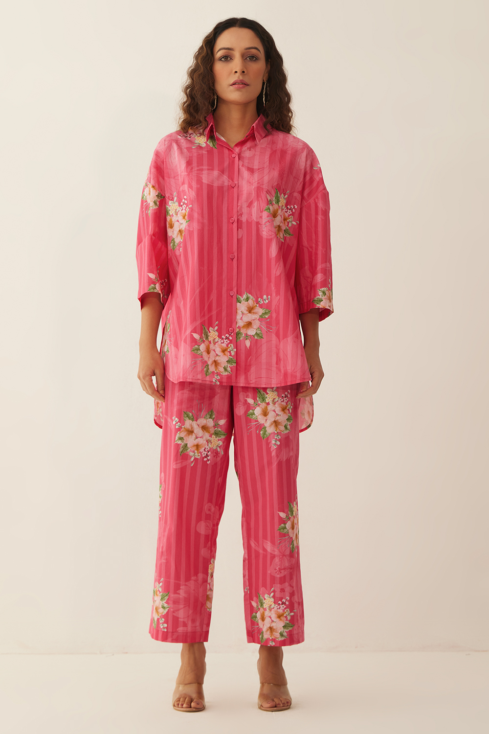 Pink Cotton Floral Stripe Shirt with pants co-ord set