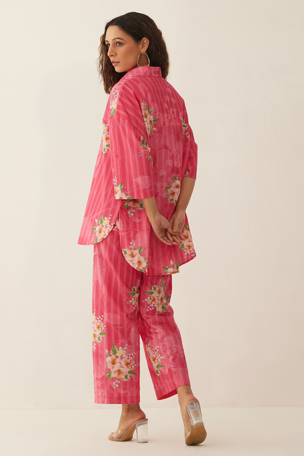 Pink Cotton Floral Stripe Shirt with pants co-ord set