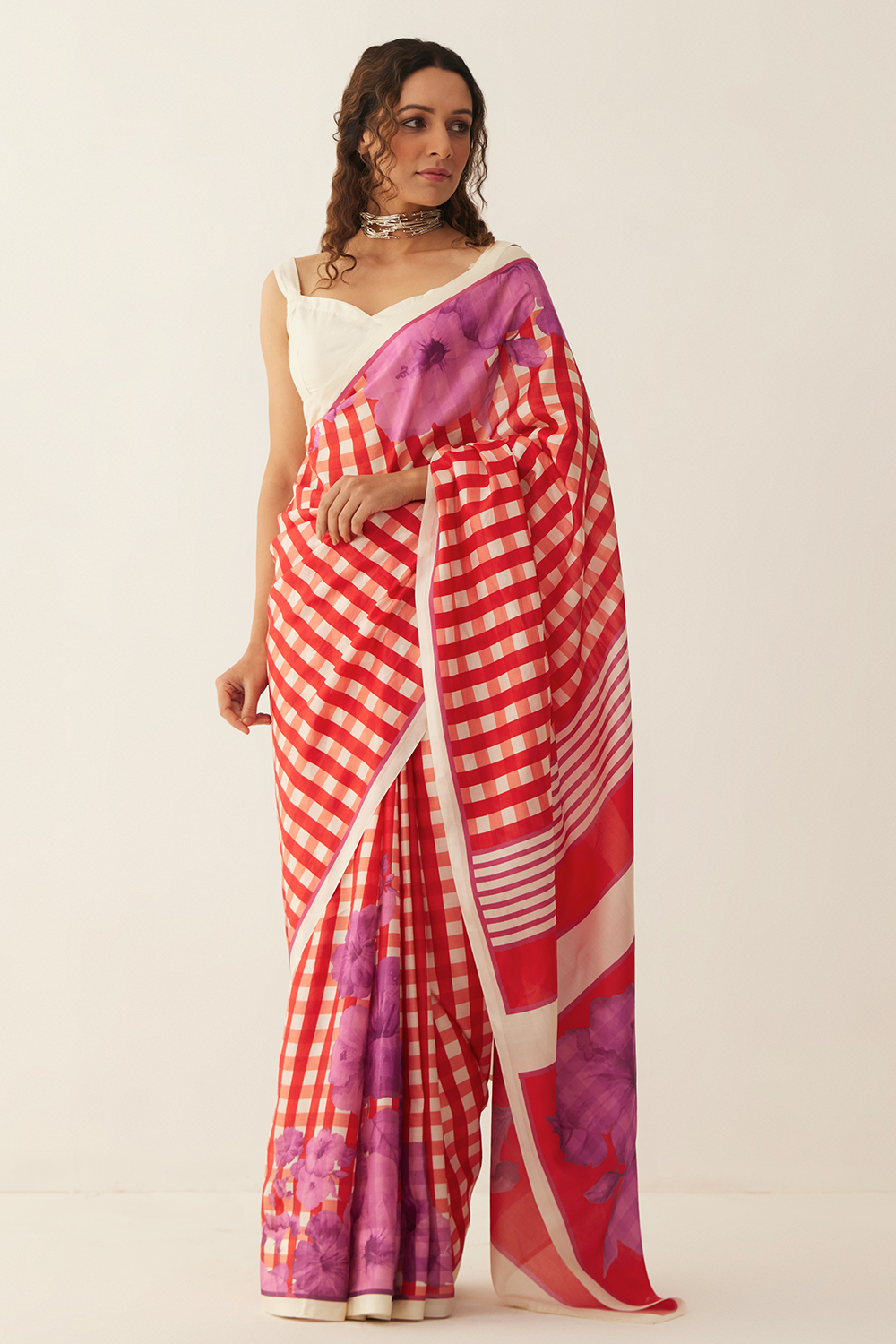 Red and Offwhite gingham checks floral mix silk saree