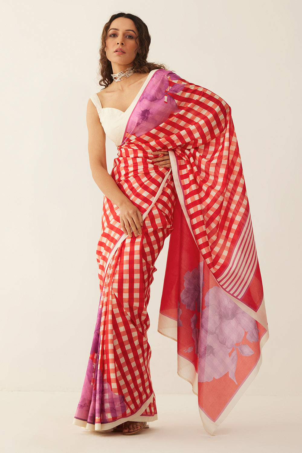 Red and Offwhite gingham checks floral mix silk saree