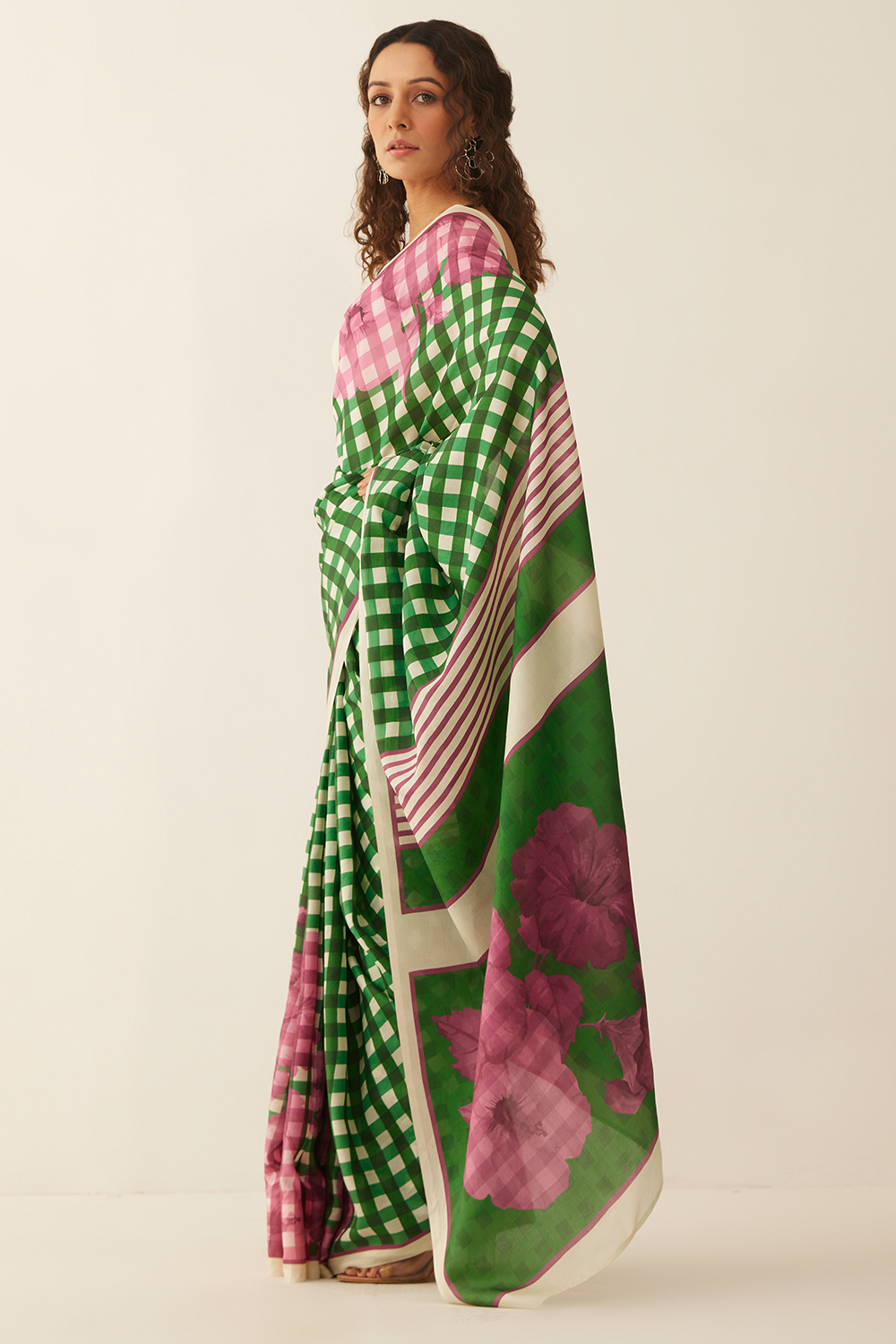 Green and offwhite Gingham checks floral mix silk saree