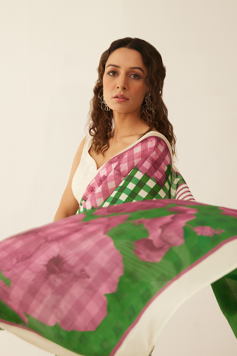 Green and offwhite Gingham checks floral mix silk saree